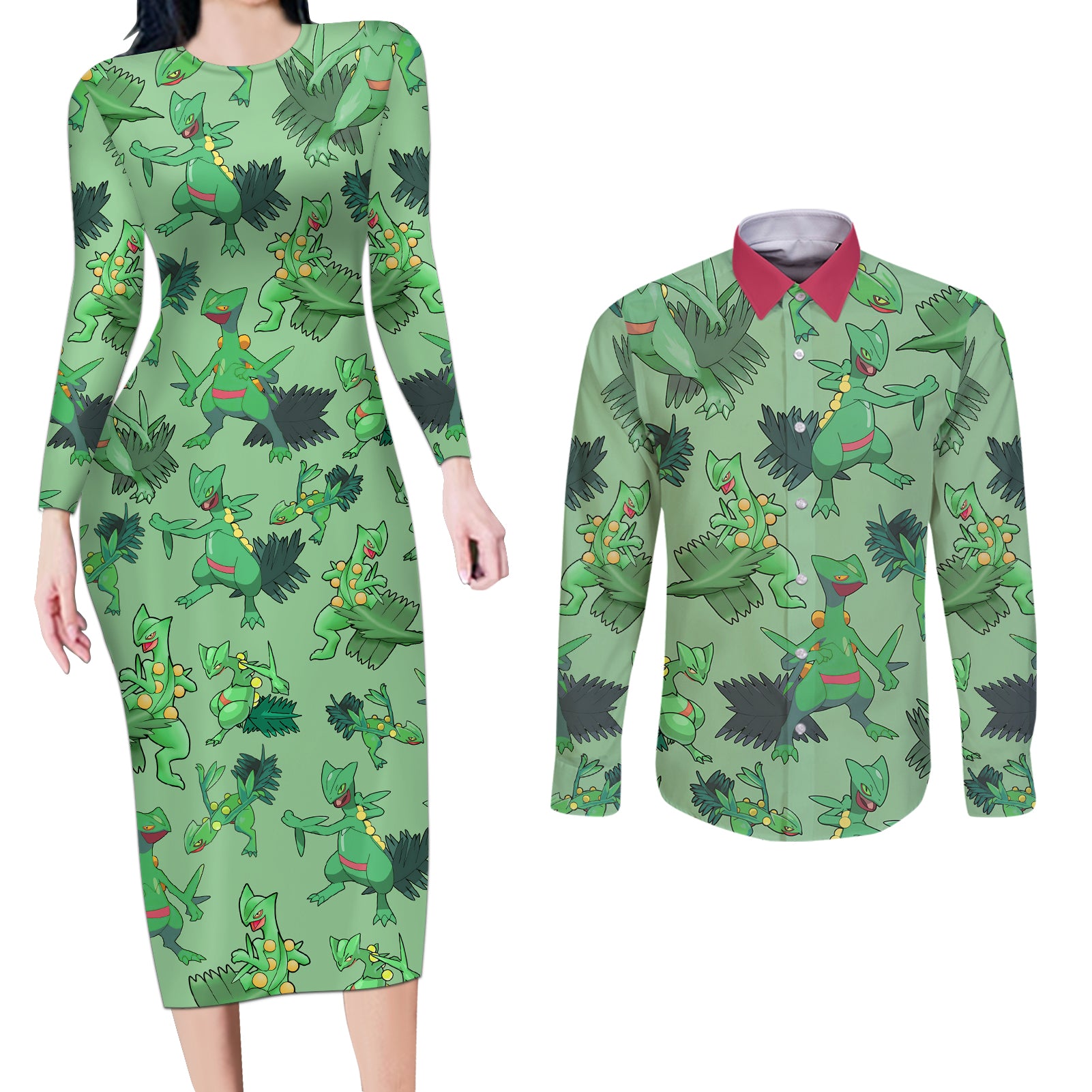 Sceptile Pattern Style Couples Matching Long Sleeve Bodycon Dress and Long Sleeve Button Shirt