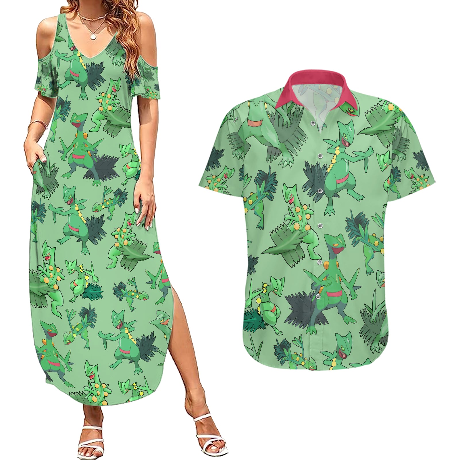 Sceptile Pattern Style Couples Matching Summer Maxi Dress and Hawaiian Shirt