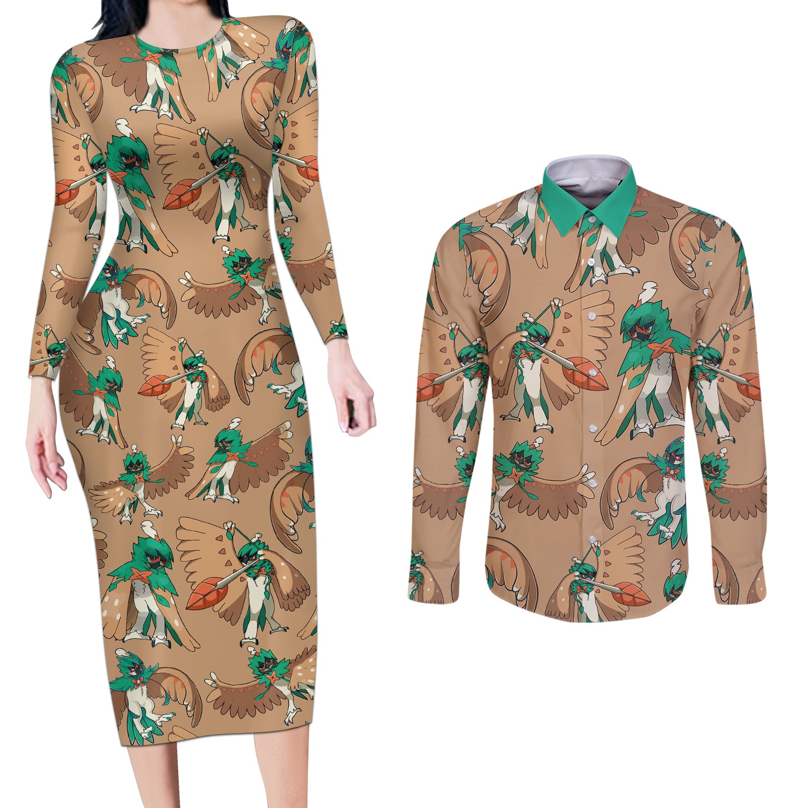 Decidueye Pattern Style Couples Matching Long Sleeve Bodycon Dress and Long Sleeve Button Shirt