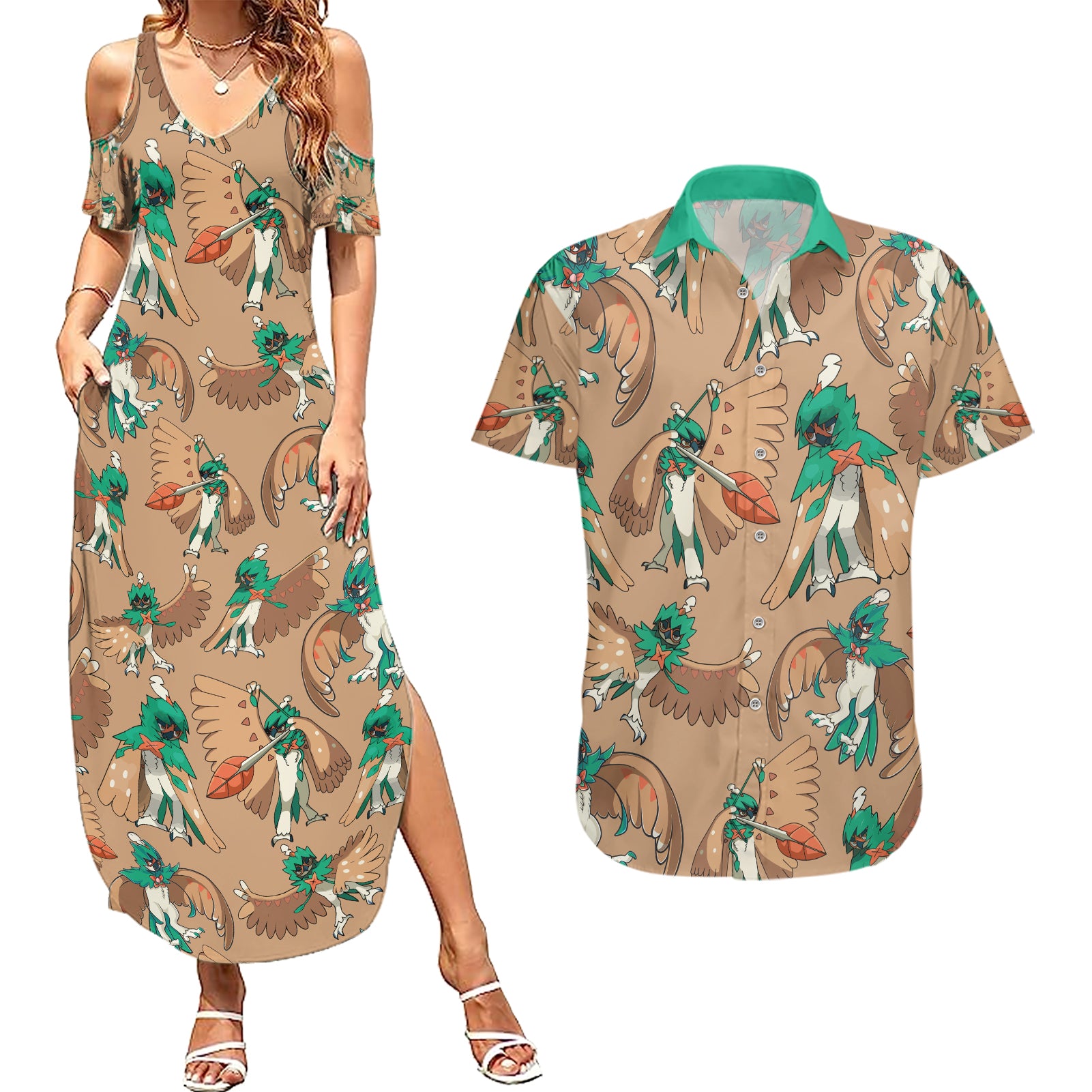 Decidueye Pattern Style Couples Matching Summer Maxi Dress and Hawaiian Shirt