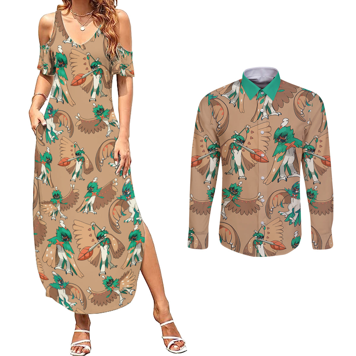 Decidueye Pattern Style Couples Matching Summer Maxi Dress and Long Sleeve Button Shirt