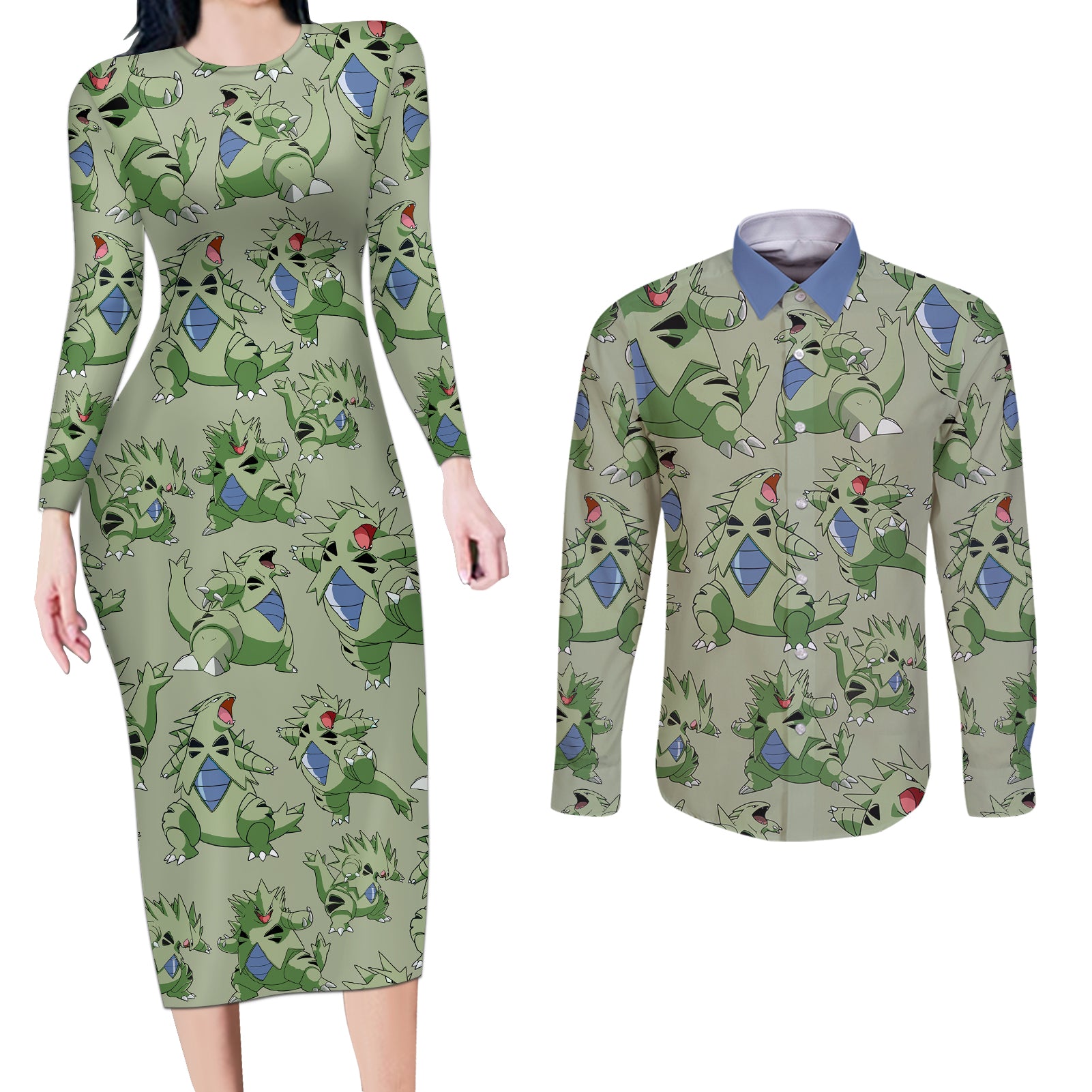 Tyranitar Pattern Style Couples Matching Long Sleeve Bodycon Dress and Long Sleeve Button Shirt