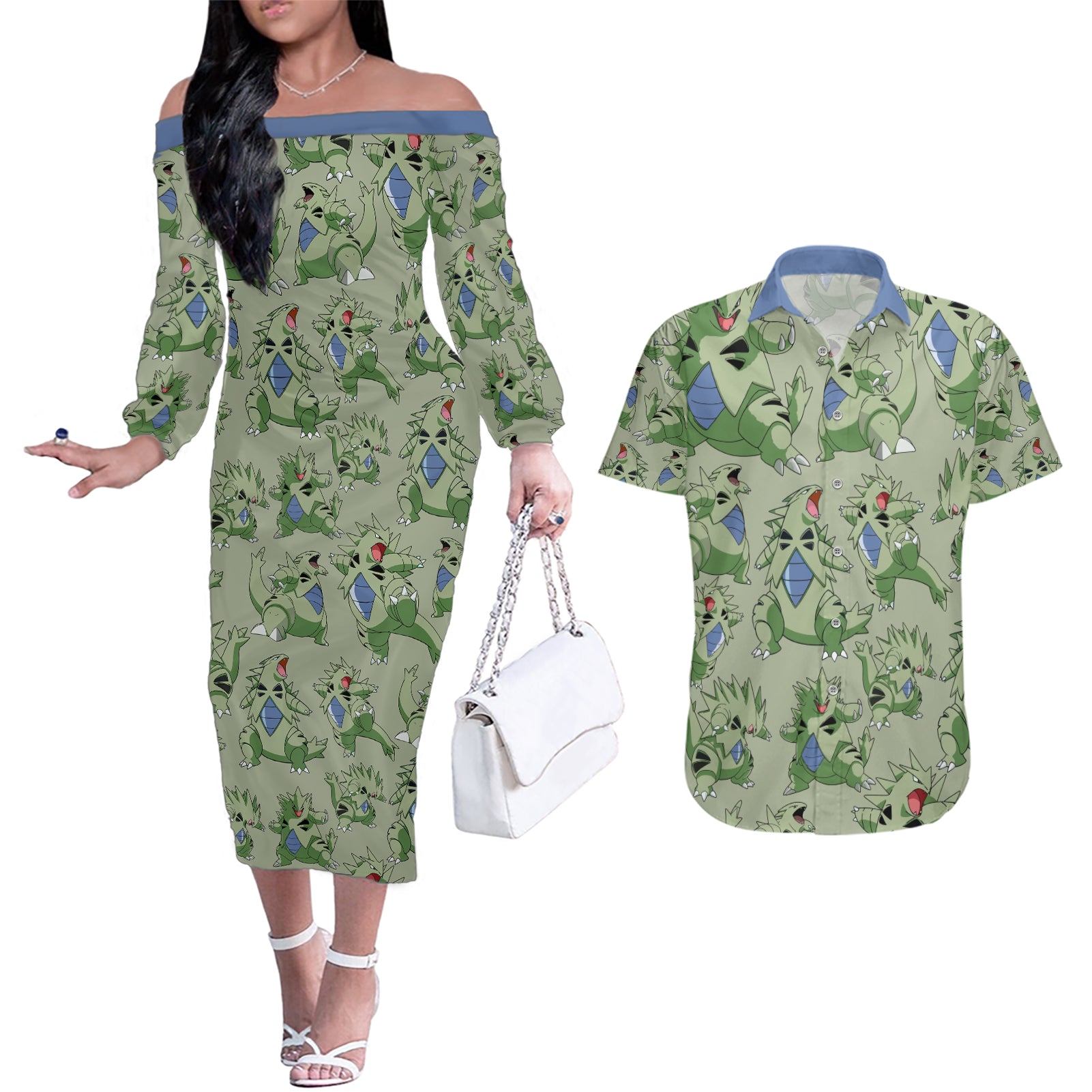 Tyranitar Pattern Style Couples Matching Off The Shoulder Long Sleeve Dress and Hawaiian Shirt