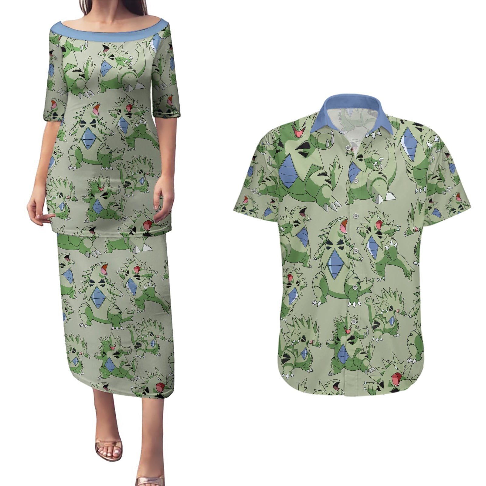 Tyranitar Pattern Style Couples Matching Puletasi and Hawaiian Shirt