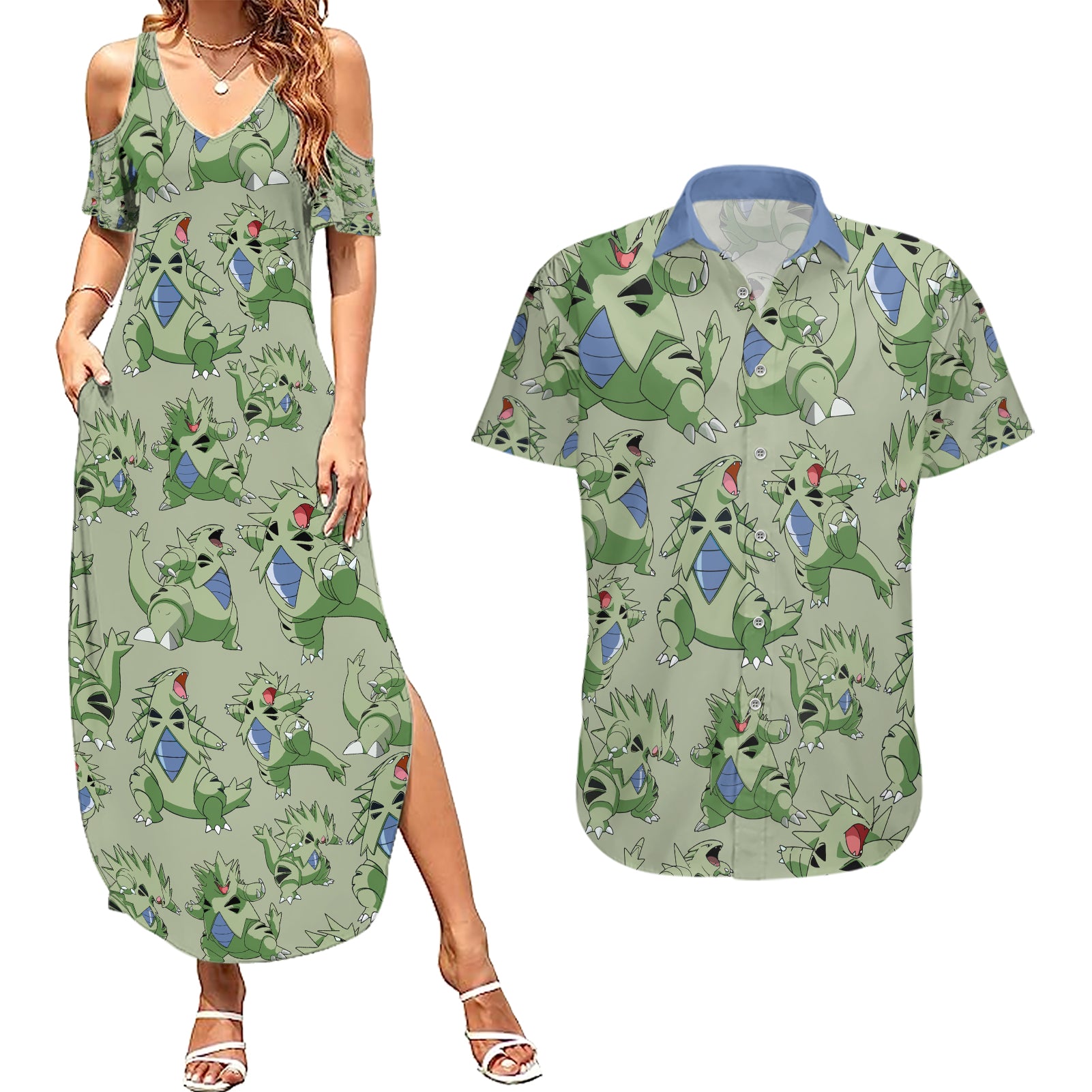 Tyranitar Pattern Style Couples Matching Summer Maxi Dress and Hawaiian Shirt