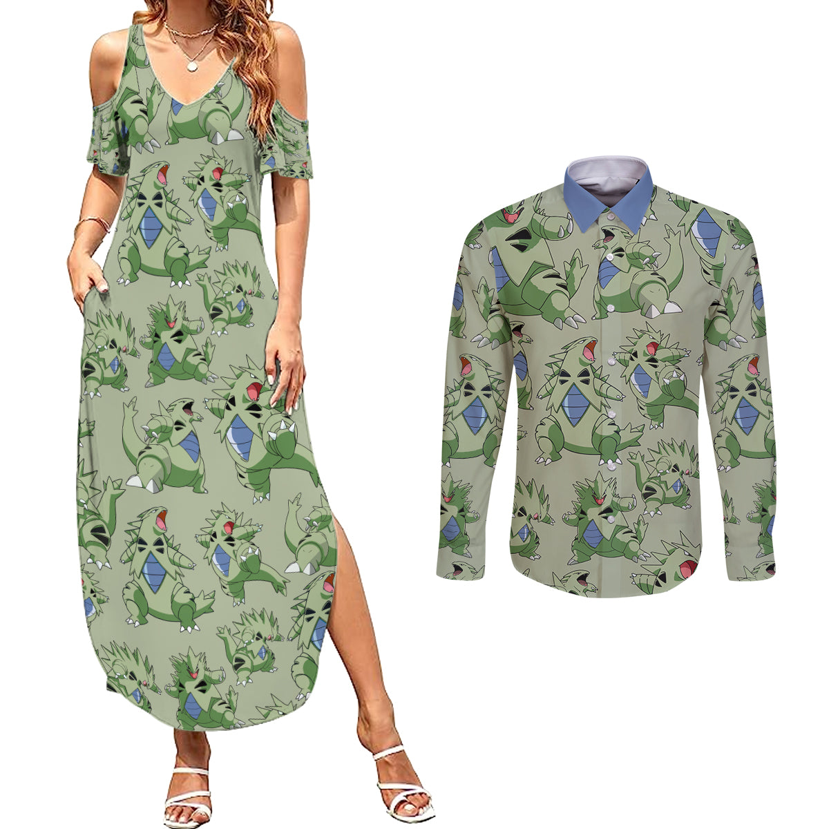 Tyranitar Pattern Style Couples Matching Summer Maxi Dress and Long Sleeve Button Shirt