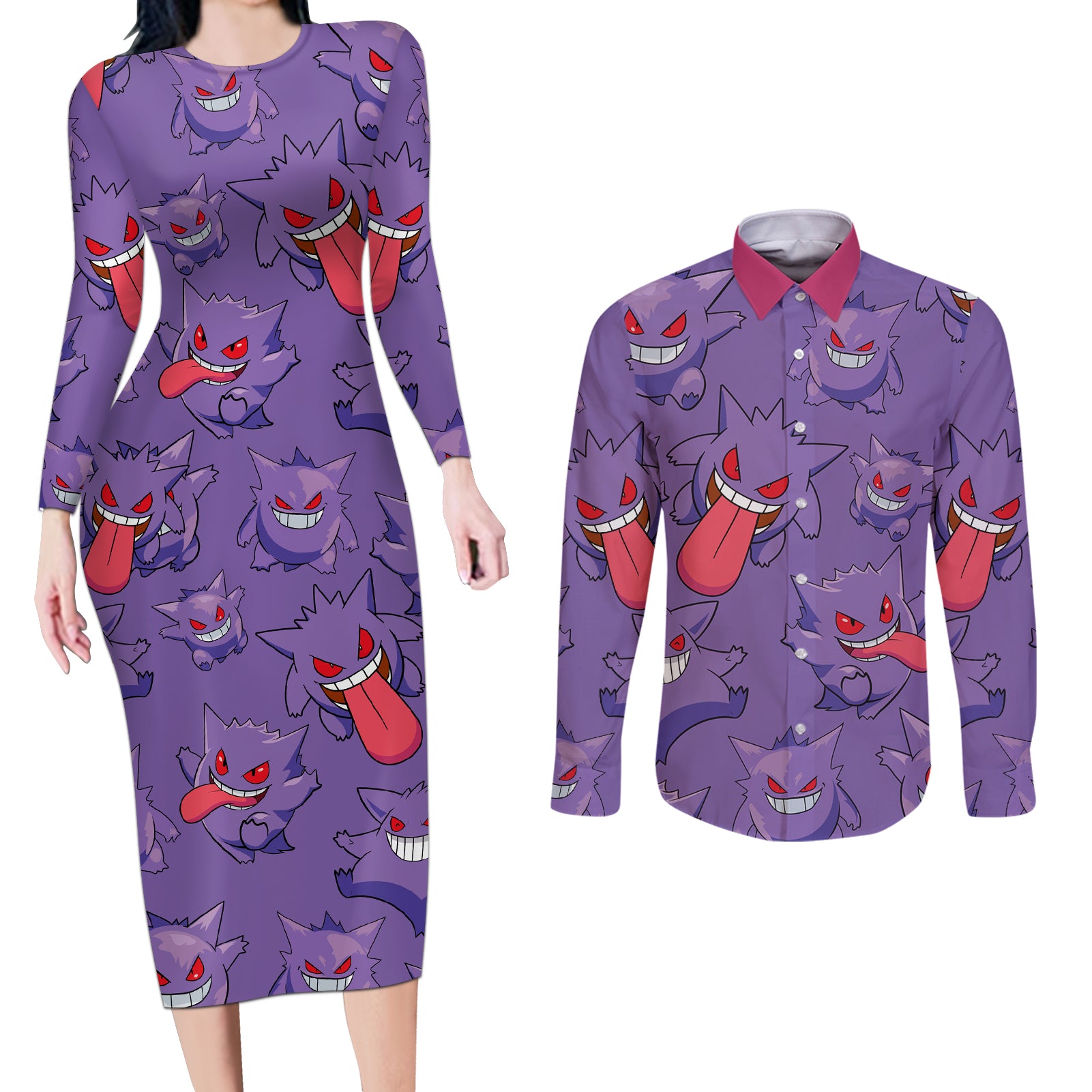 Gengar Clothes Pattern Style Couples Matching Long Sleeve Bodycon Dress and Long Sleeve Button Shirt