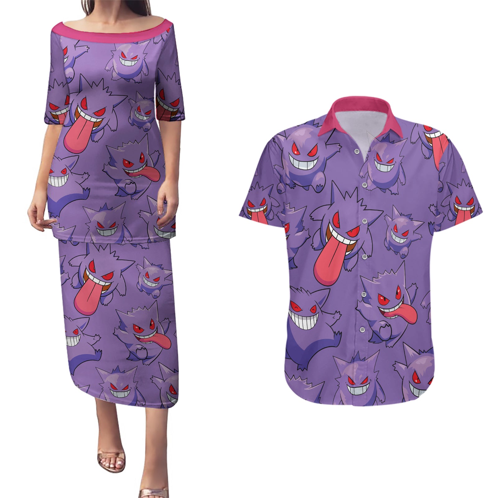 Gengar Clothes Pattern Style Couples Matching Puletasi and Hawaiian Shirt