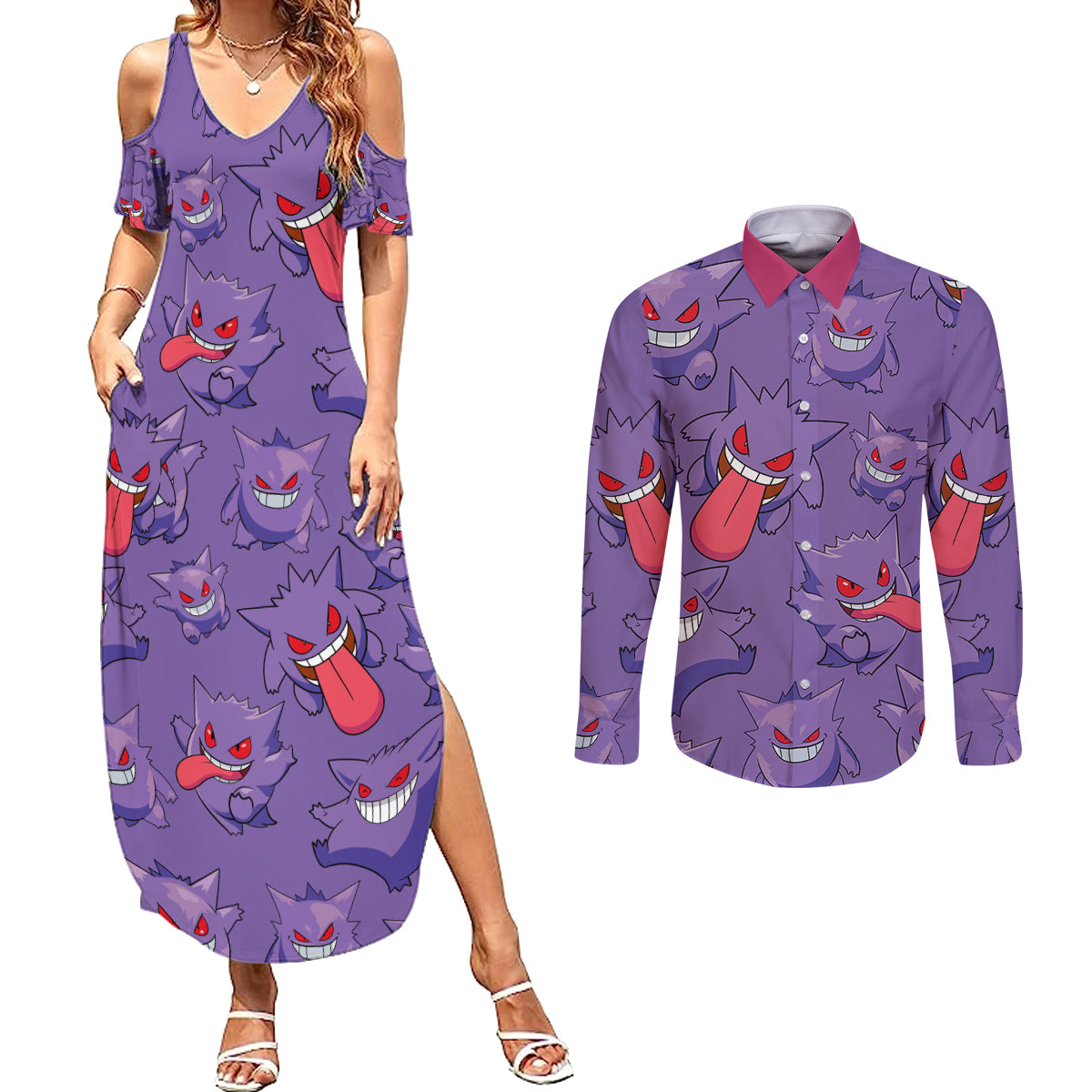 Gengar Clothes Pattern Style Couples Matching Summer Maxi Dress and Long Sleeve Button Shirt