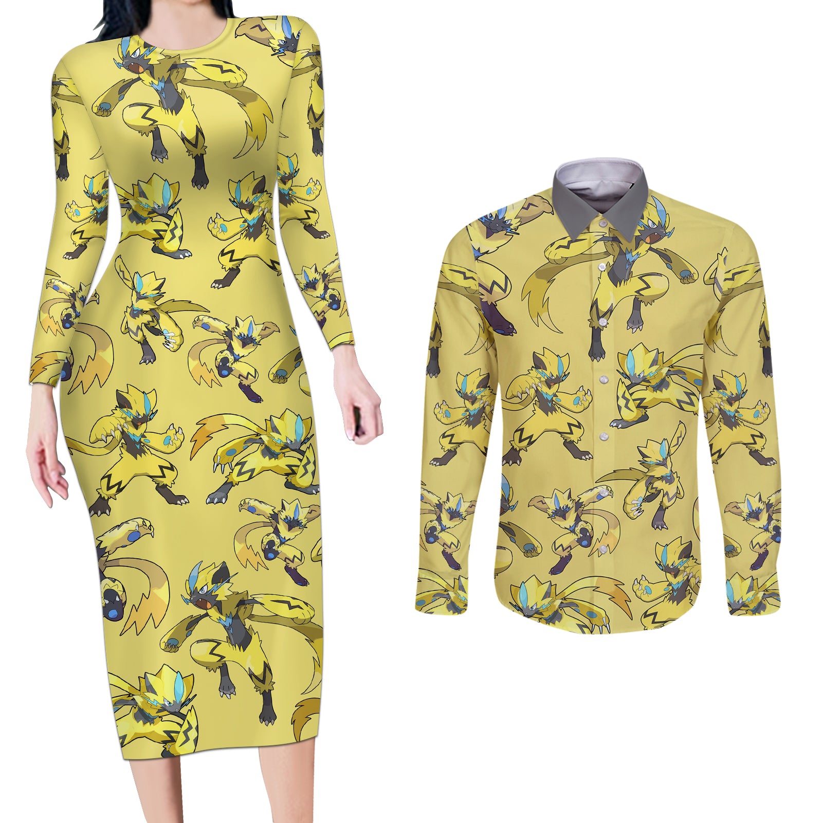 Zeraora Pattern Style Couples Matching Long Sleeve Bodycon Dress and Long Sleeve Button Shirt