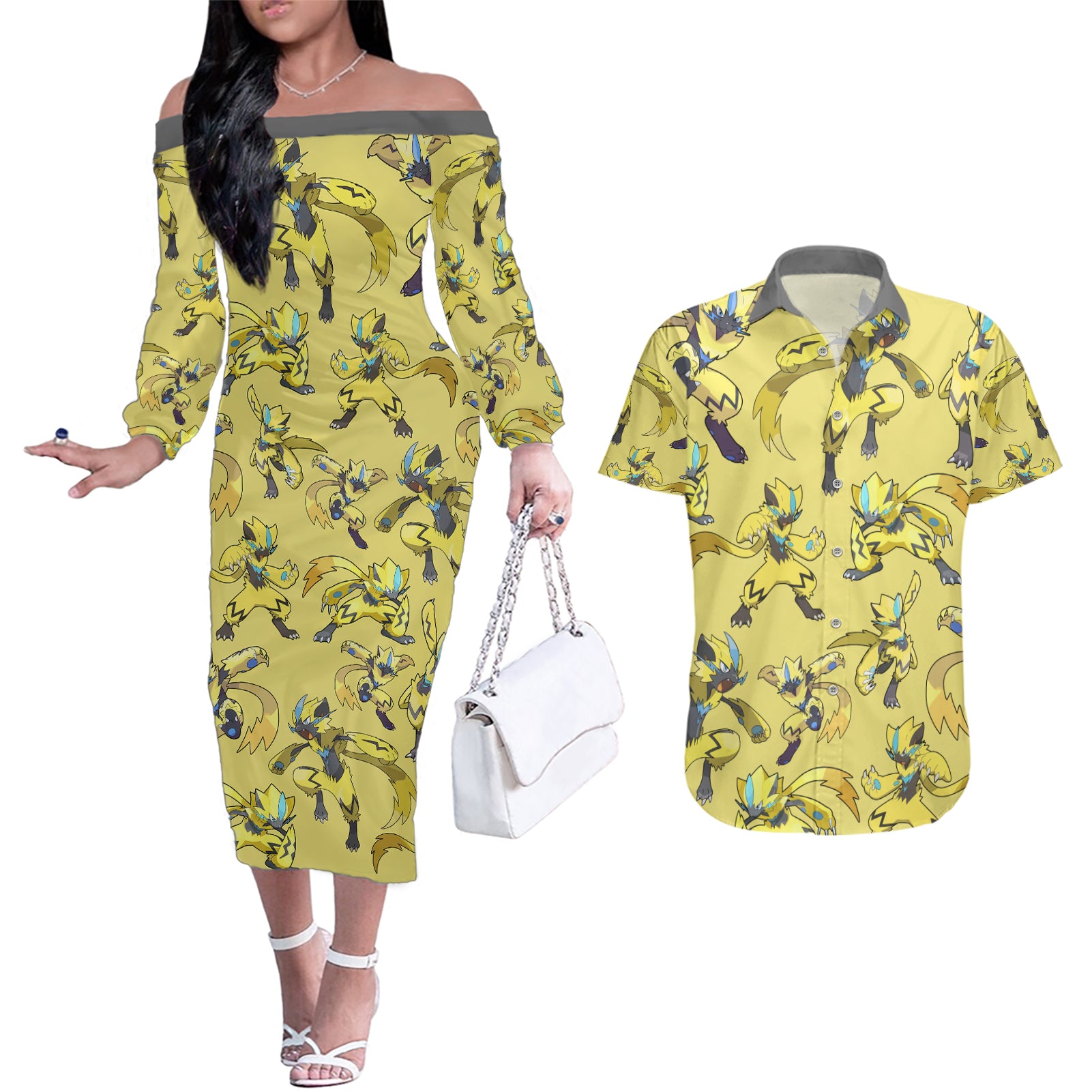 Zeraora Pattern Style Couples Matching Off The Shoulder Long Sleeve Dress and Hawaiian Shirt