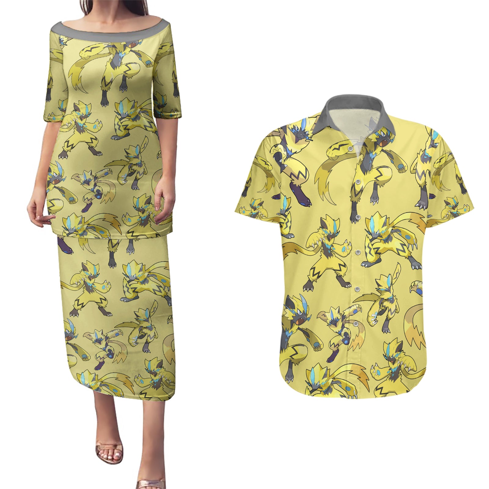 Zeraora Pattern Style Couples Matching Puletasi and Hawaiian Shirt