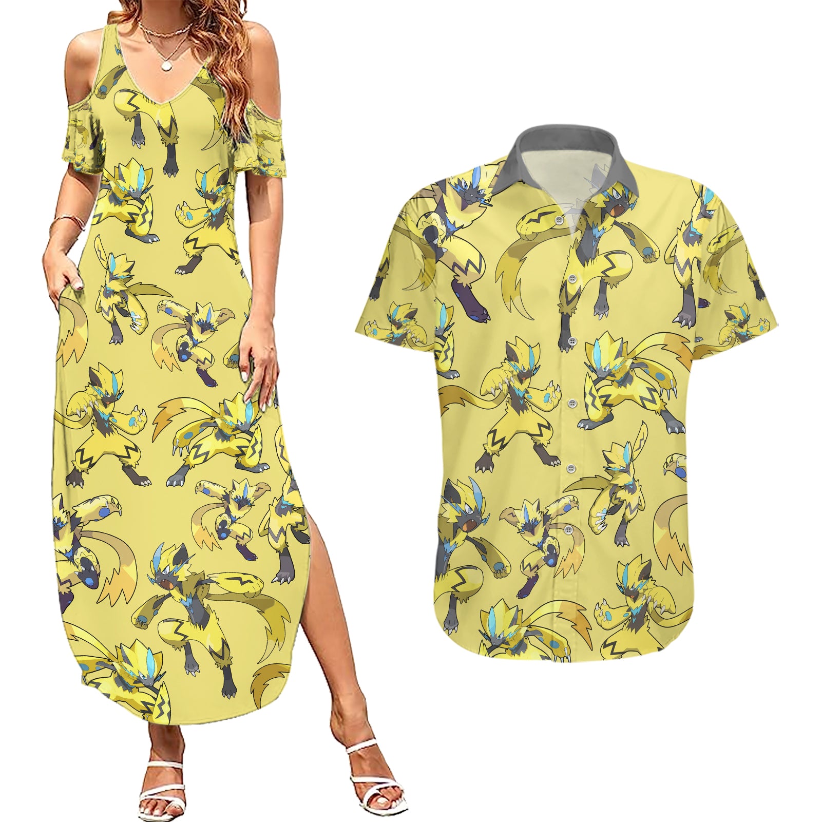 Zeraora Pattern Style Couples Matching Summer Maxi Dress and Hawaiian Shirt