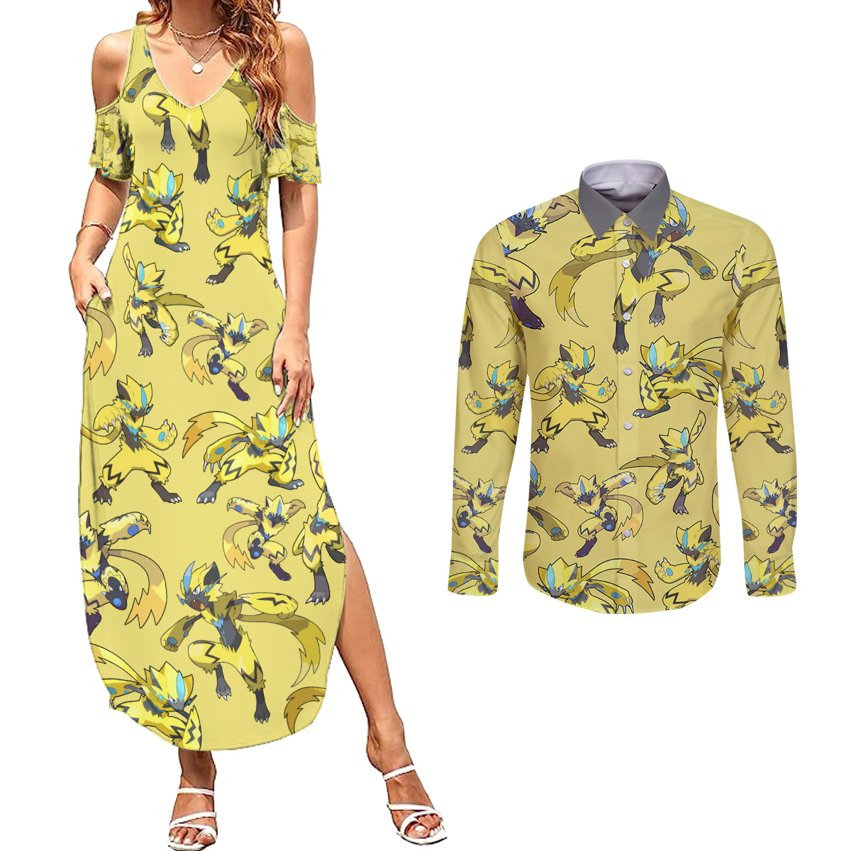 Zeraora Pattern Style Couples Matching Summer Maxi Dress and Long Sleeve Button Shirt