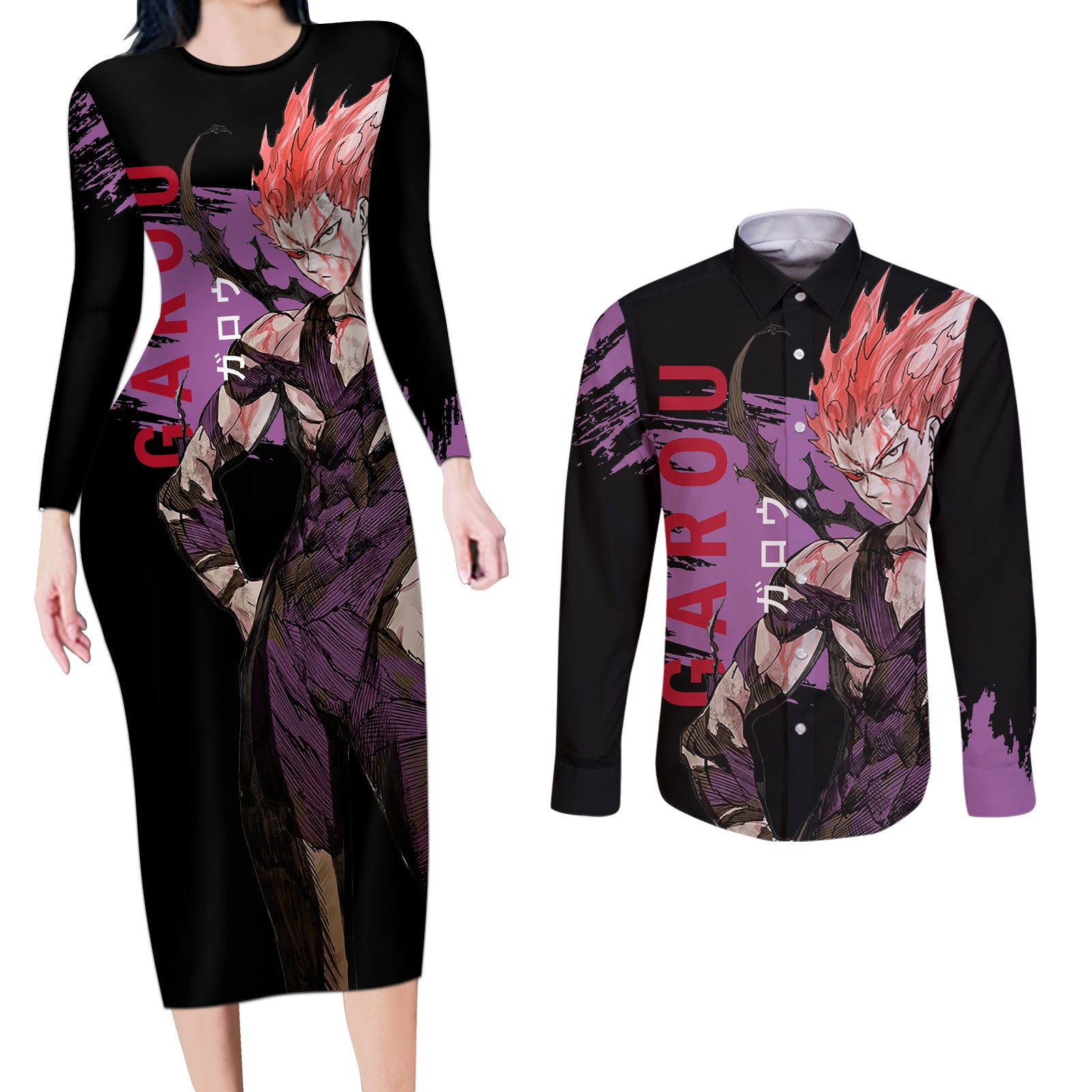 Garou - Anime OPM Couples Matching Long Sleeve Bodycon Dress and Long Sleeve Button Shirt