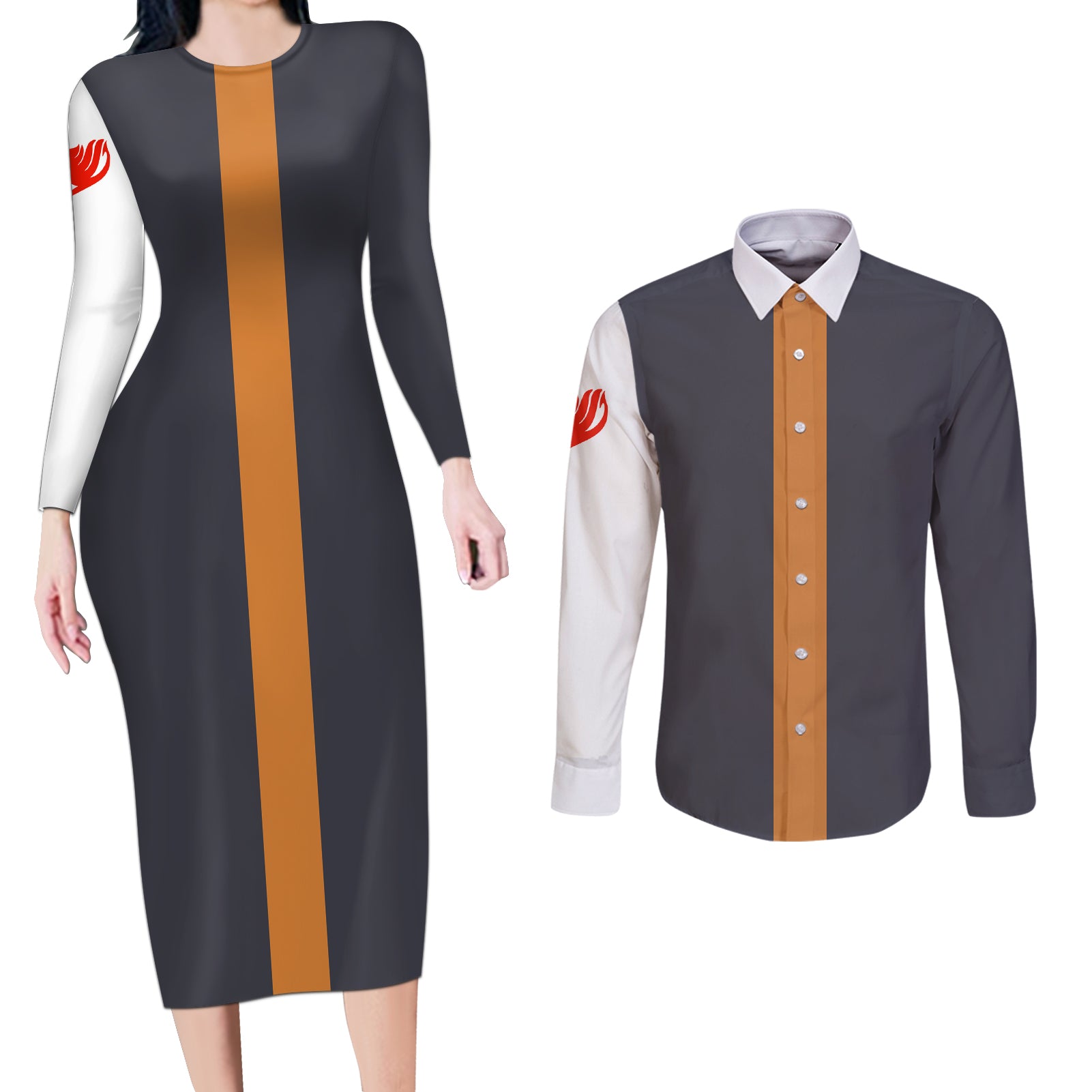 Natsu Dragneel Couples Matching Long Sleeve Bodycon Dress and Long Sleeve Button Shirt