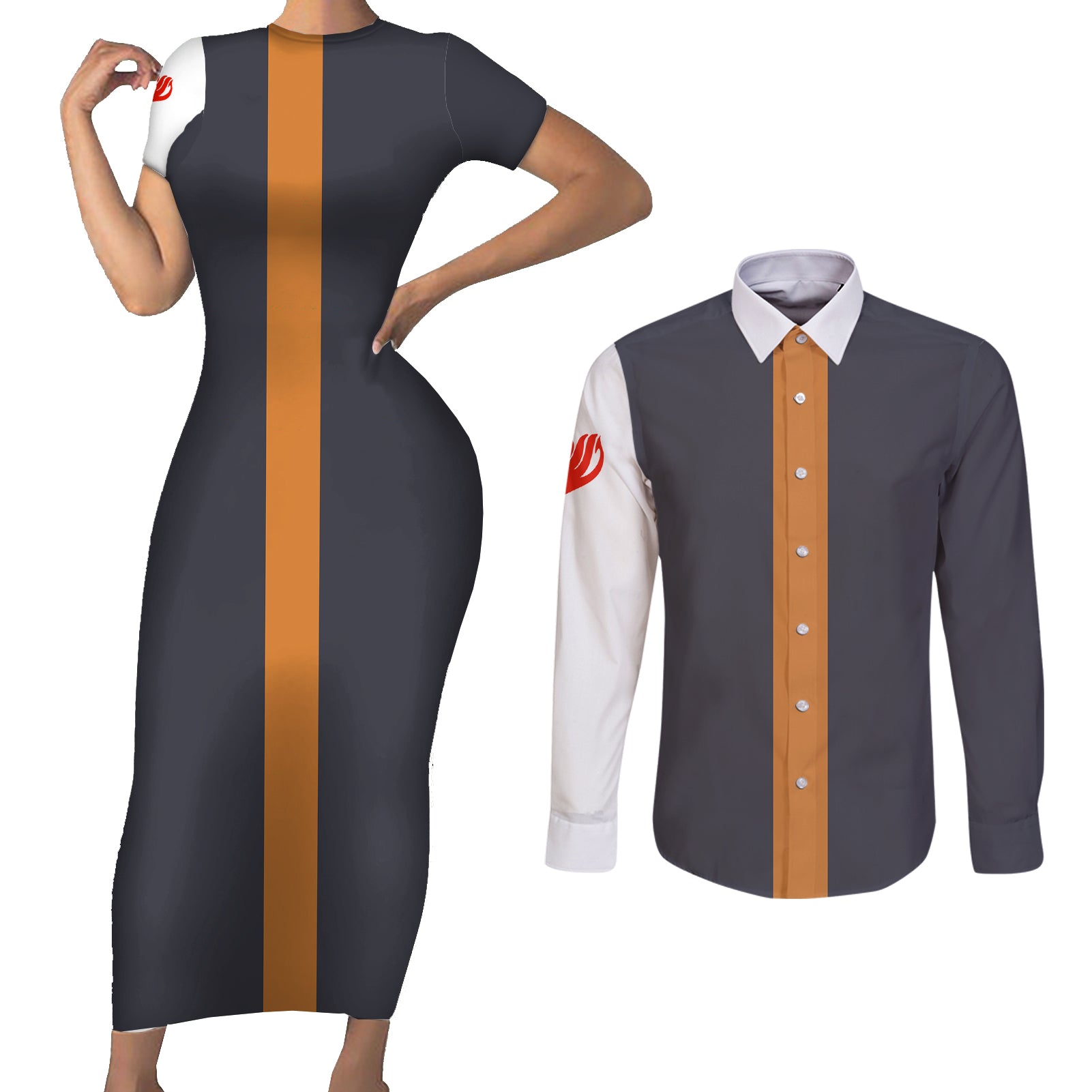 Natsu Dragneel Couples Matching Short Sleeve Bodycon Dress and Long Sleeve Button Shirt