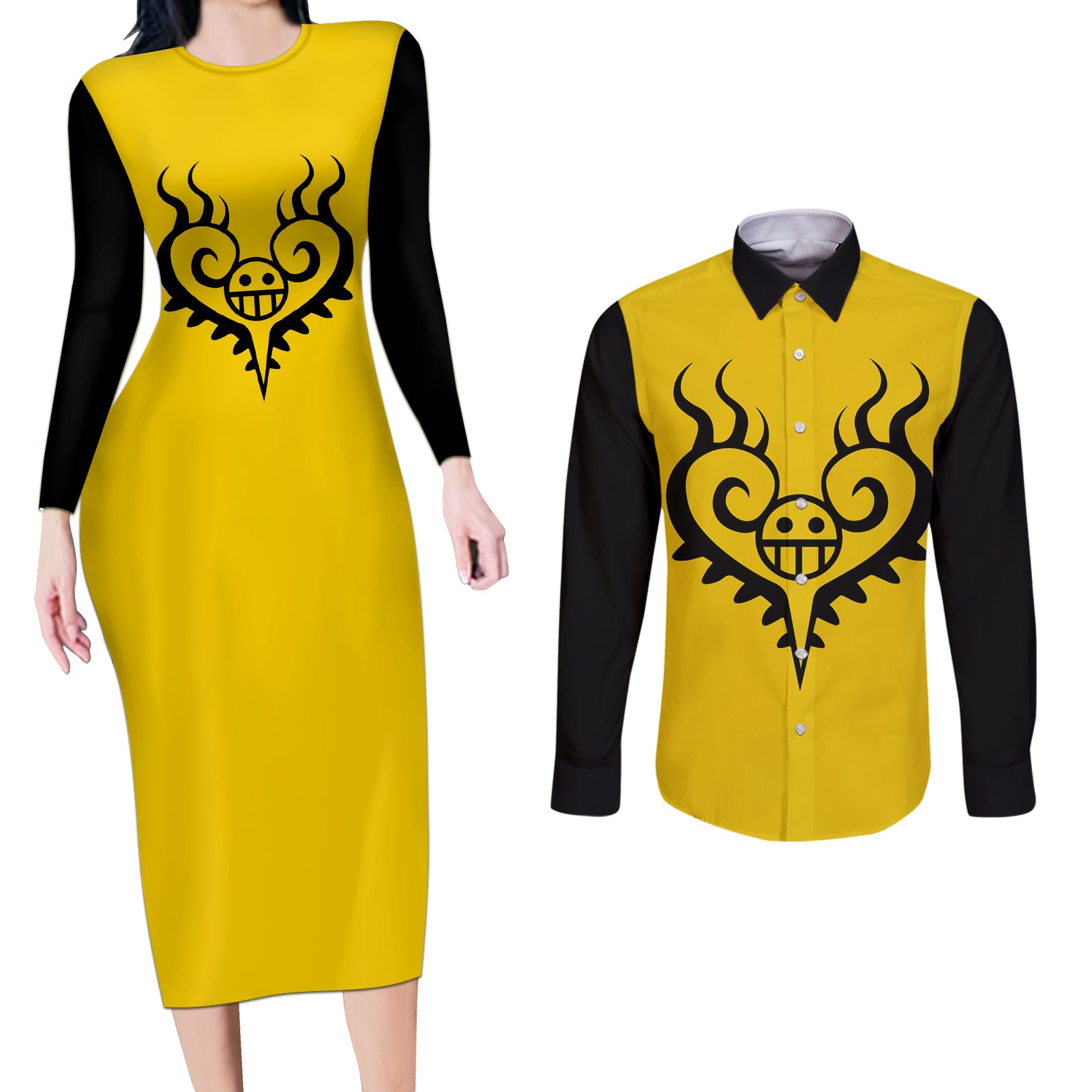 Trafalgar Law Surgeon of Death - One Piece Couples Matching Long Sleeve Bodycon Dress and Long Sleeve Button Shirt