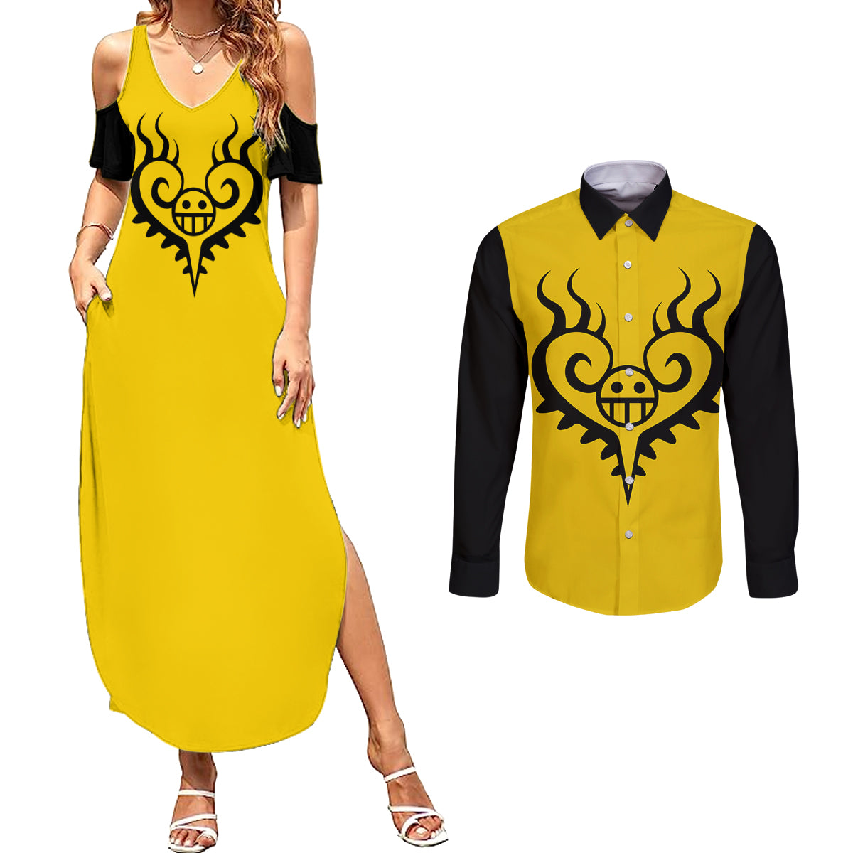 Trafalgar Law Surgeon of Death - One Piece Couples Matching Summer Maxi Dress and Long Sleeve Button Shirt