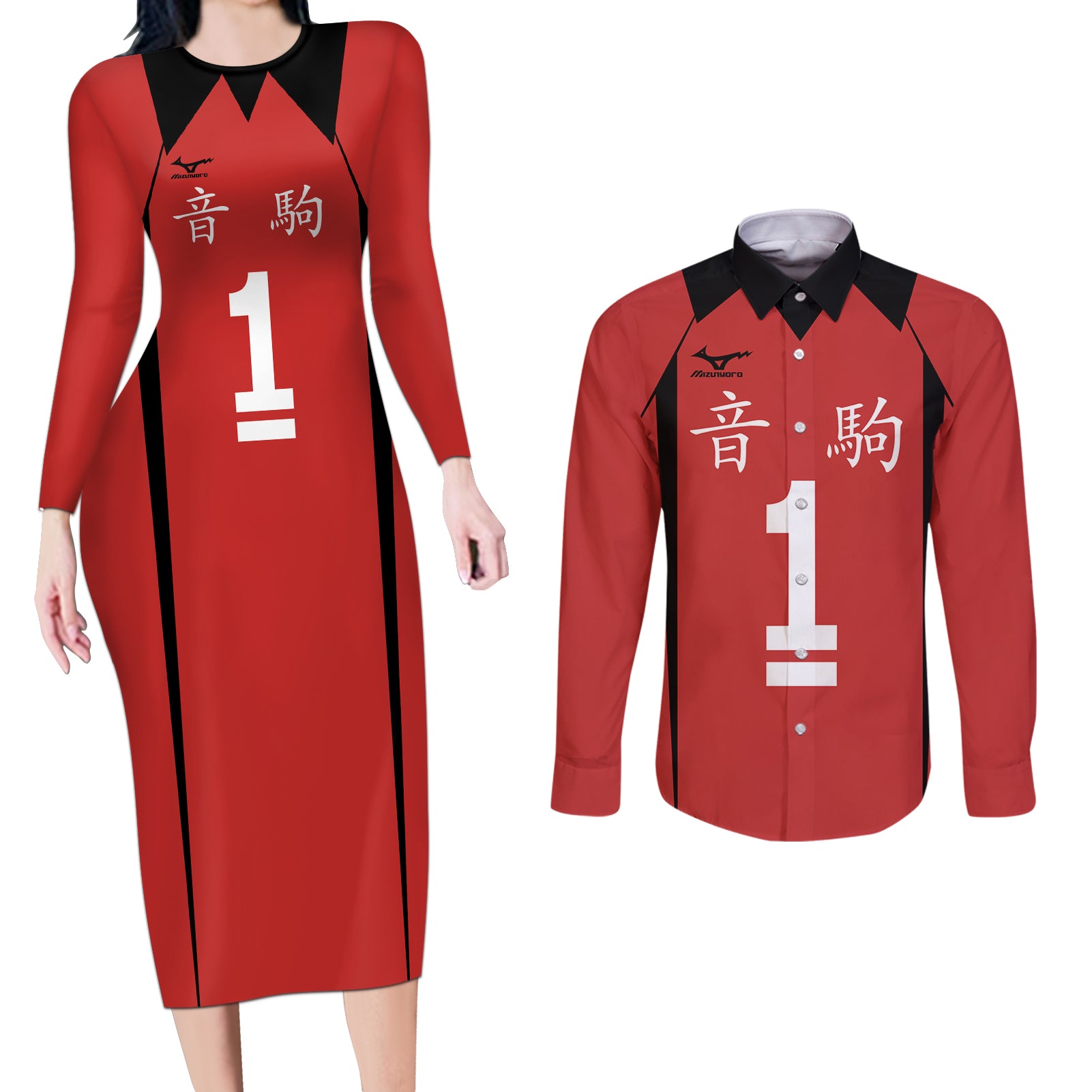 Nekoma Tetsuro Kuroo - Number 1 Uniform Anime Couples Matching Long Sleeve Bodycon Dress and Long Sleeve Button Shirt