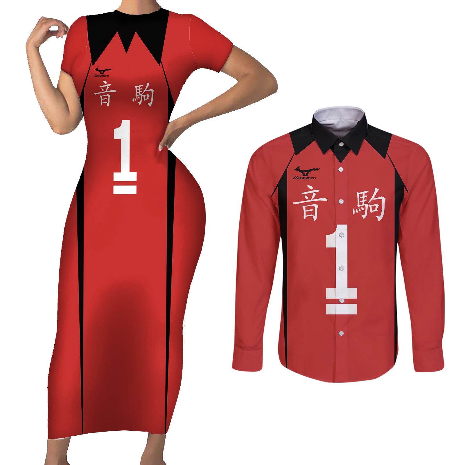 Nekoma Tetsuro Kuroo - Number 1 Uniform Anime Couples Matching Short Sleeve Bodycon Dress and Long Sleeve Button Shirt