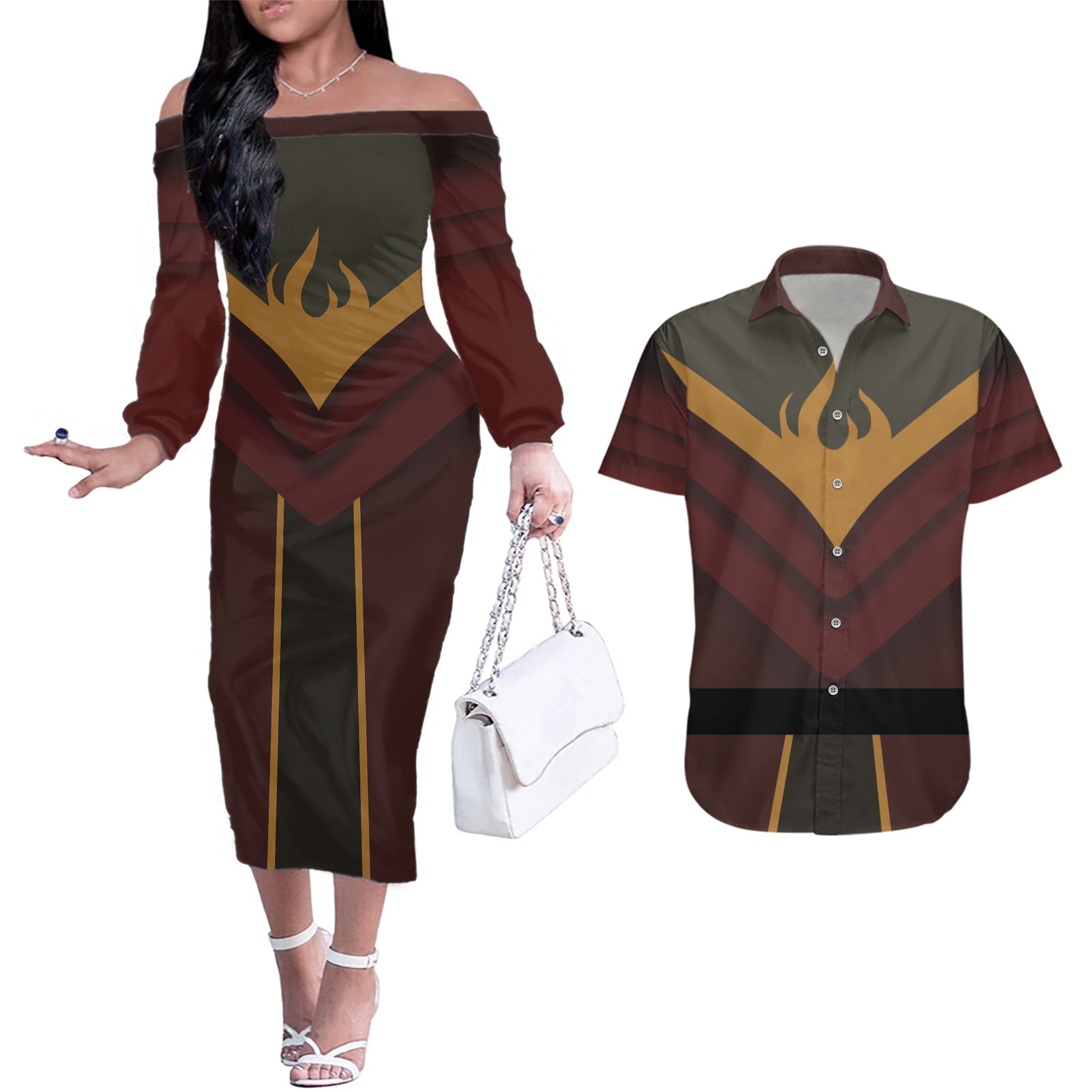 Avatar Firelord Ozai Couples Matching Off The Shoulder Long Sleeve Dress and Hawaiian Shirt