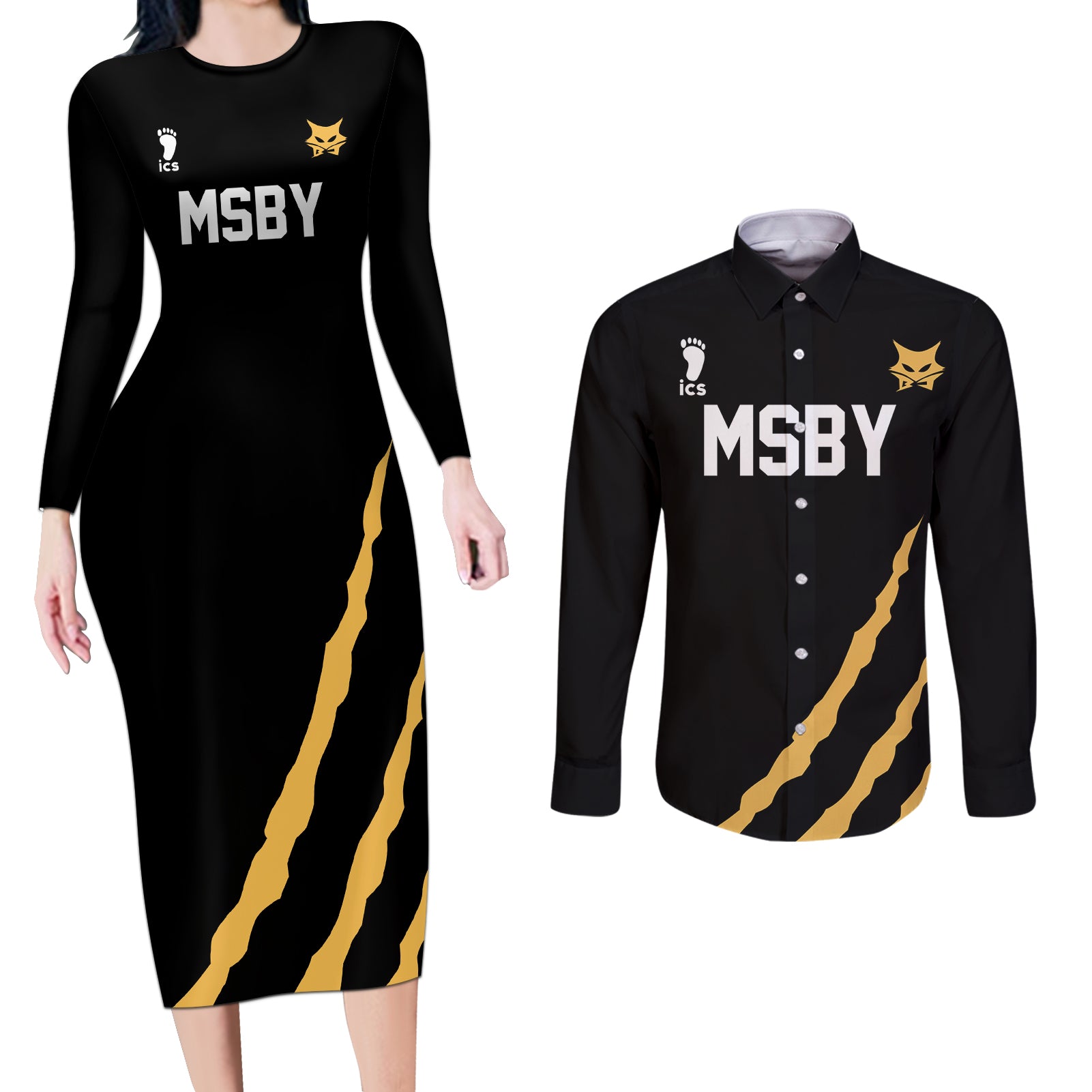 MSBY Black Jackal Couples Matching Long Sleeve Bodycon Dress and Long Sleeve Button Shirt