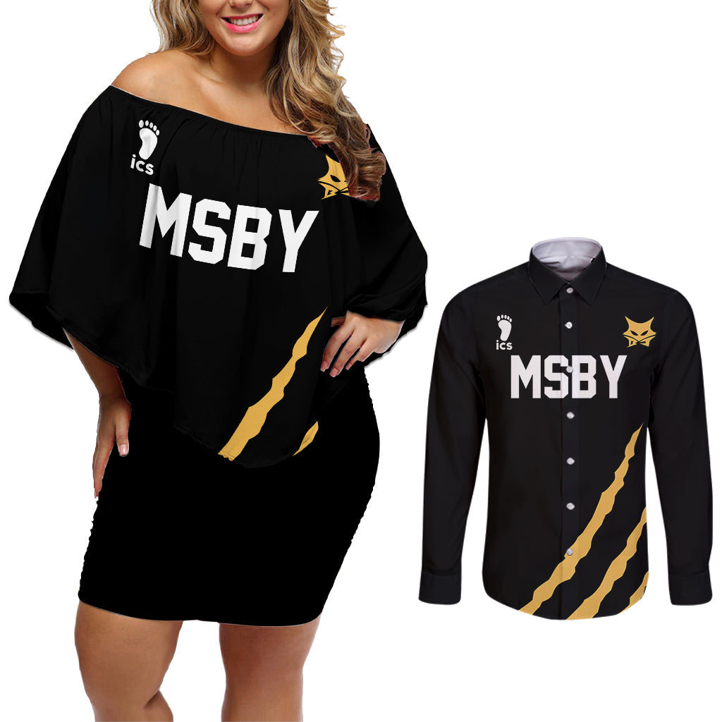 MSBY Black Jackal Couples Matching Off Shoulder Short Dress and Long Sleeve Button Shirt