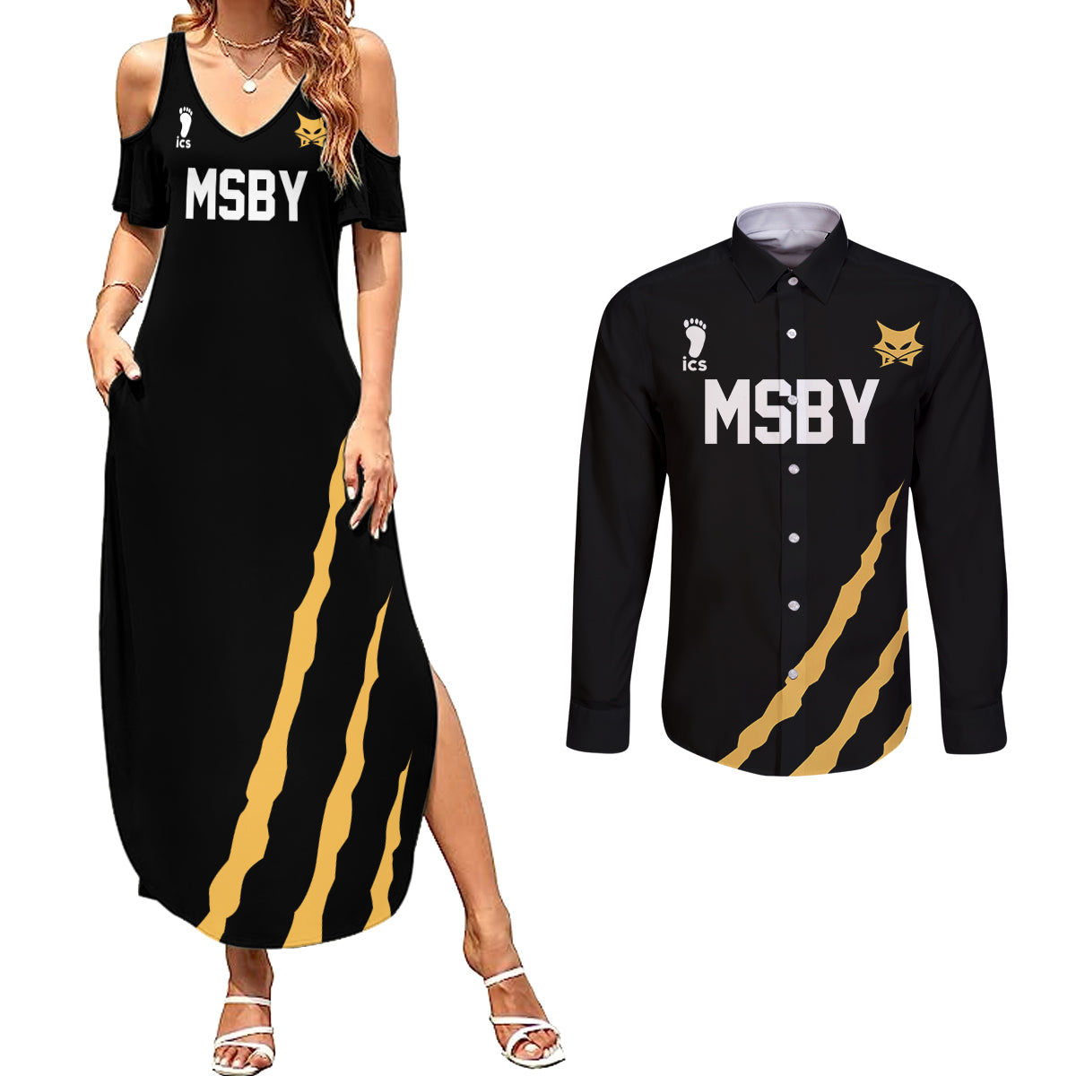 MSBY Black Jackal Couples Matching Summer Maxi Dress and Long Sleeve Button Shirt