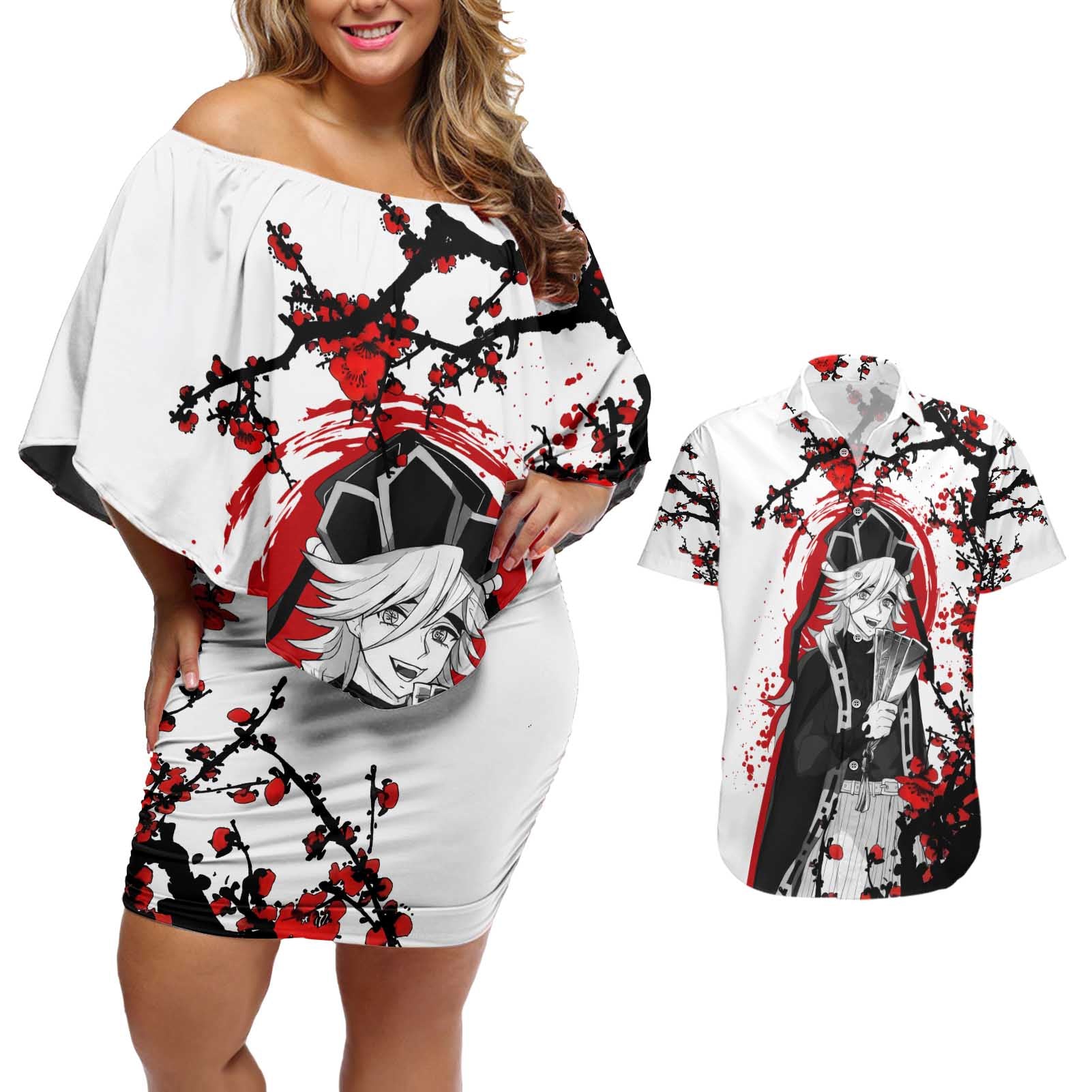 Doma - Demon Slayer Couples Matching Off Shoulder Short Dress and Hawaiian Shirt Anime Japan Style