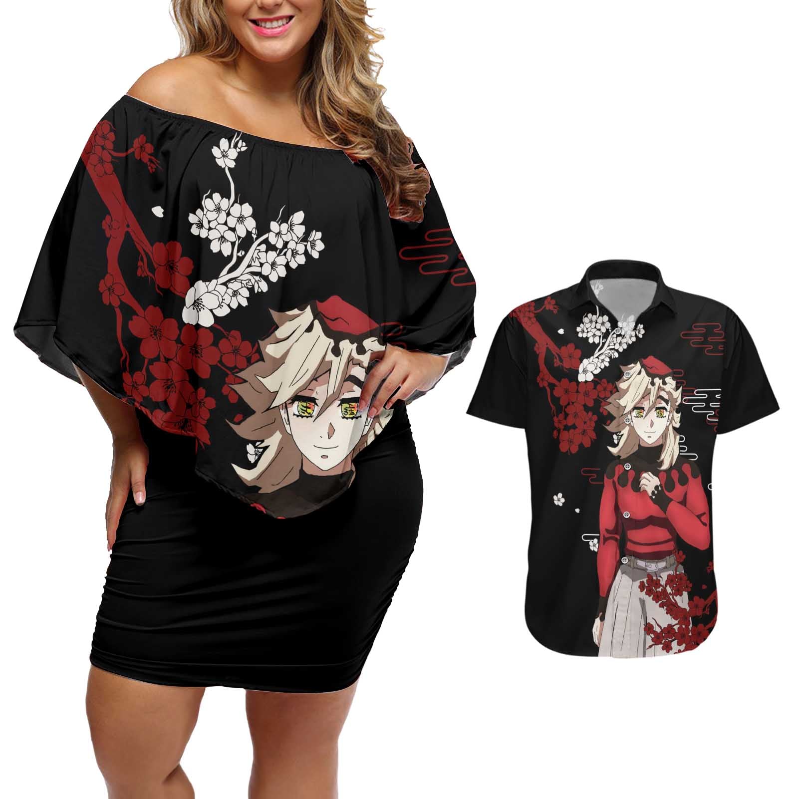 Doma - Demon Slayer Couples Matching Off Shoulder Short Dress and Hawaiian Shirt Anime Japan Style