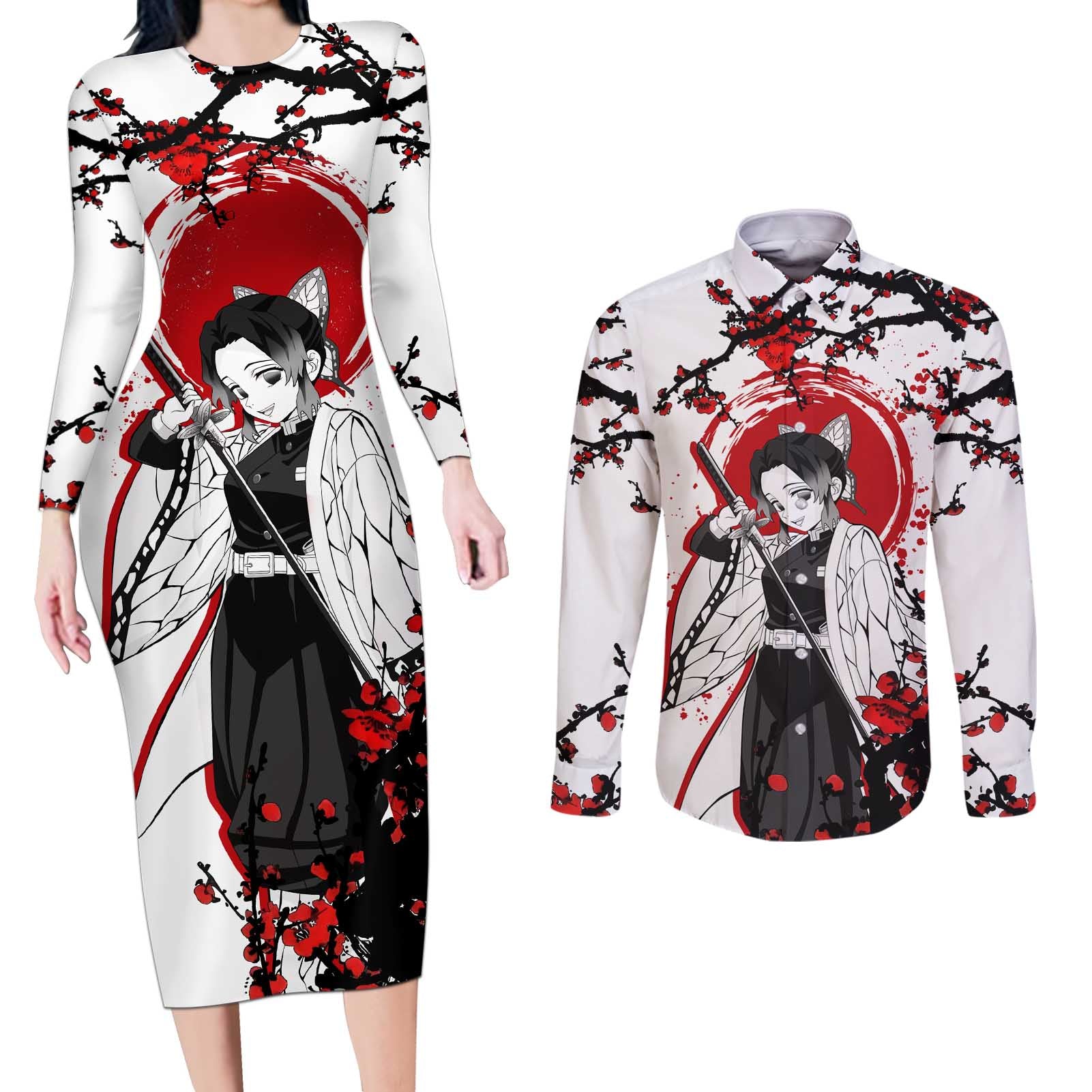 Shinobu Kocho - Demon Slayer Couples Matching Long Sleeve Bodycon Dress and Long Sleeve Button Shirt Anime Japan Style