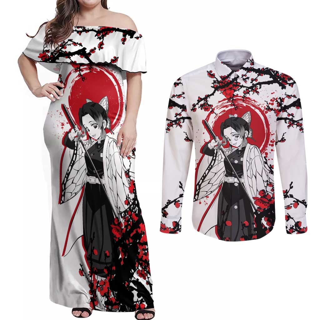 Shinobu Kocho - Demon Slayer Couples Matching Off Shoulder Maxi Dress and Long Sleeve Button Shirt Anime Japan Style