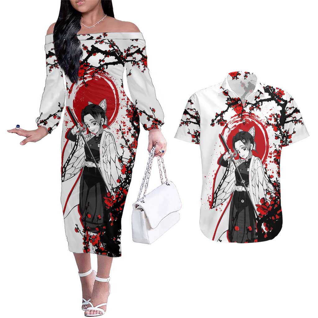 Shinobu Kocho - Demon Slayer Couples Matching Off The Shoulder Long Sleeve Dress and Hawaiian Shirt Anime Japan Style