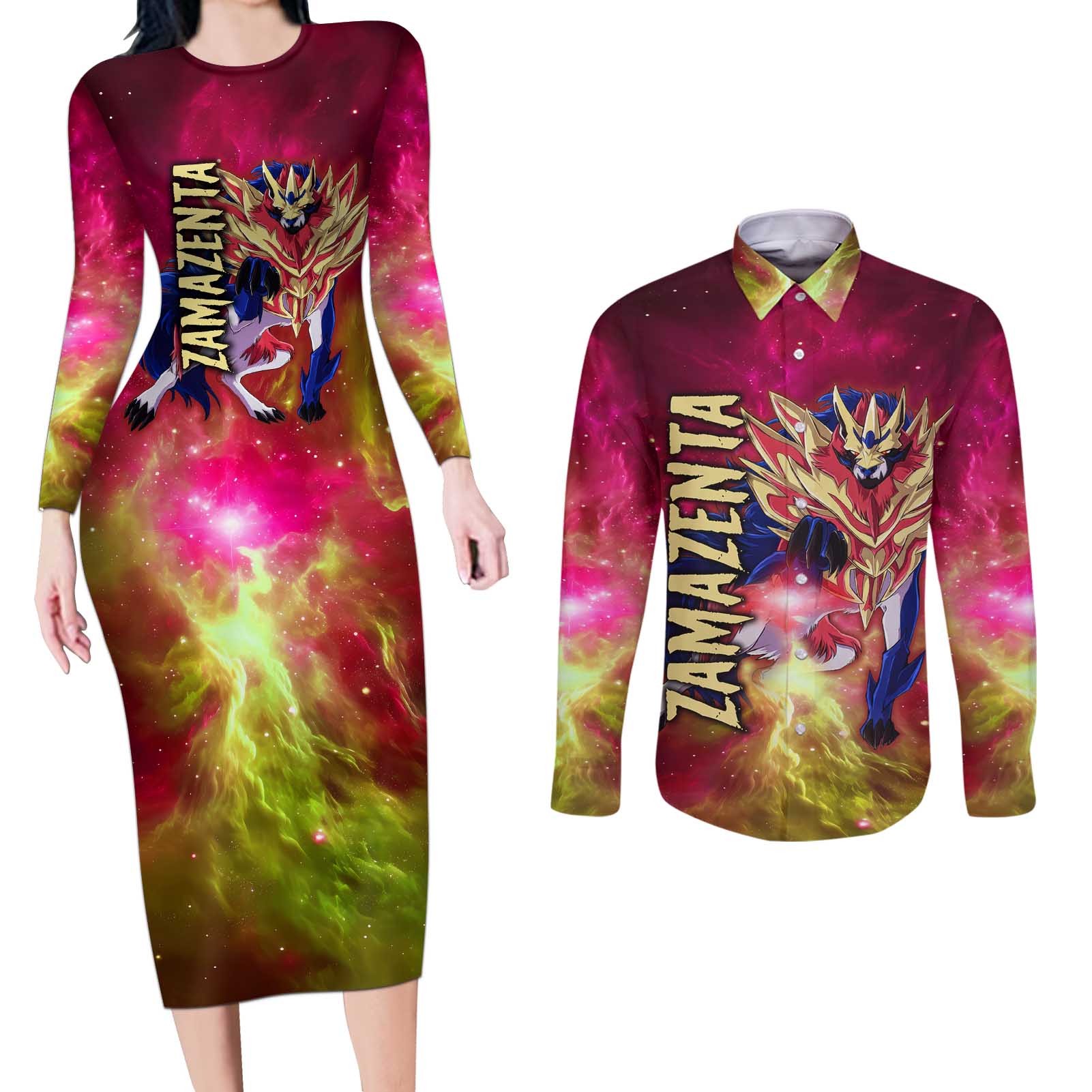 Zamazenta - Pokemon Couples Matching Long Sleeve Bodycon Dress and Long Sleeve Button Shirt Anime Style