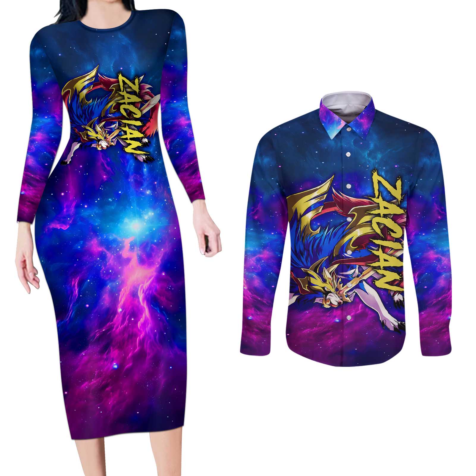 Zacian - Pokemon Couples Matching Long Sleeve Bodycon Dress and Long Sleeve Button Shirt Anime Style