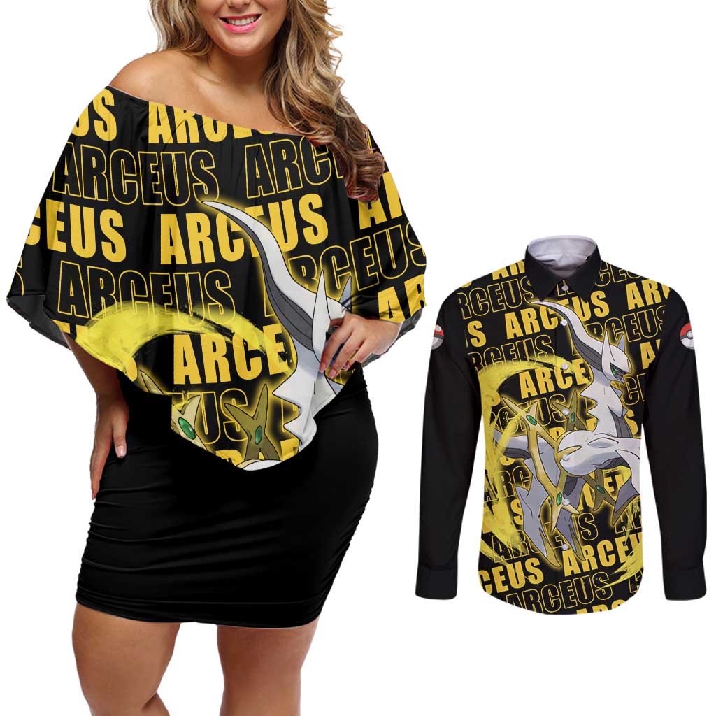 Arceus - Pokemon Couples Matching Off Shoulder Short Dress and Long Sleeve Button Shirt Anime Mix Pattern Style