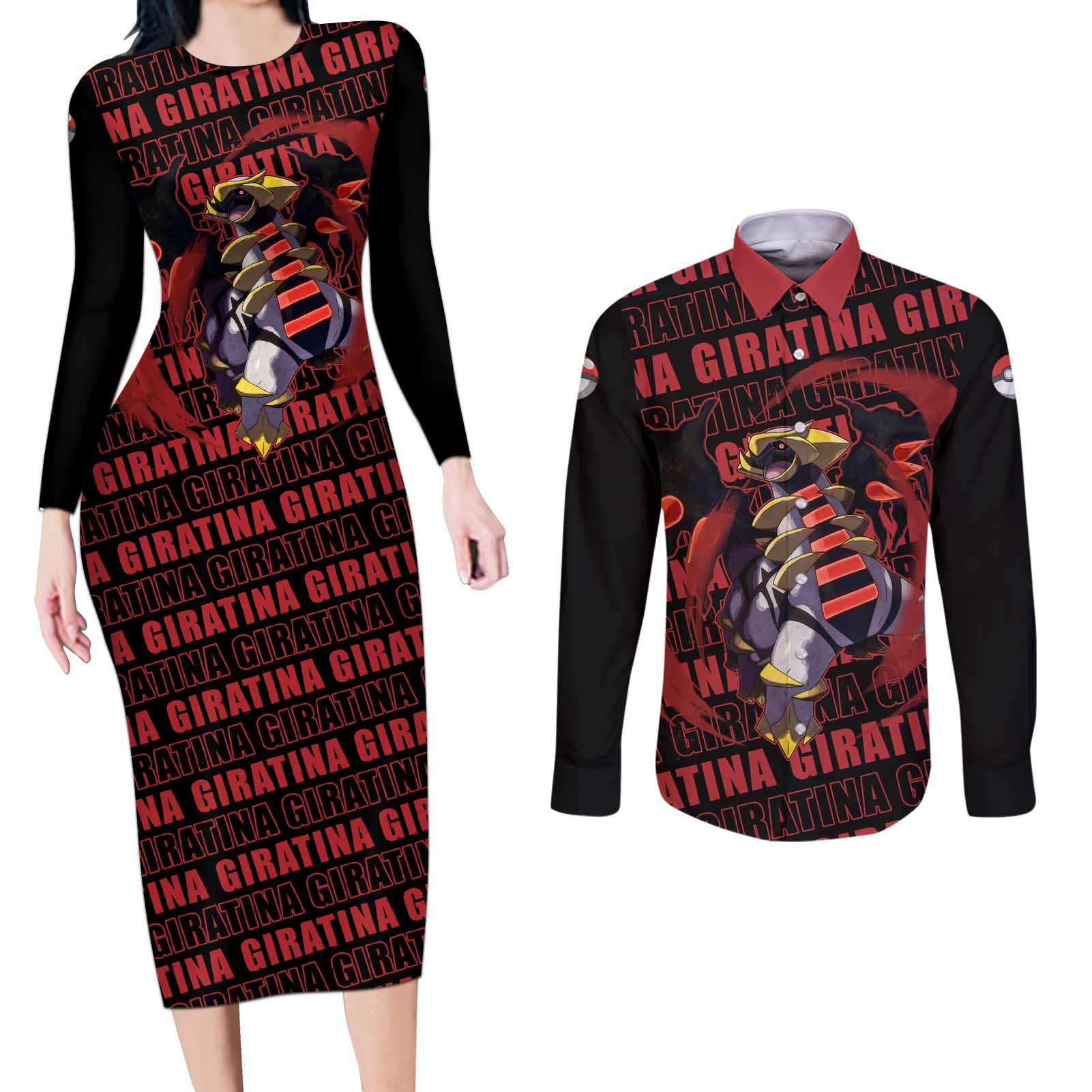 Giratina - Pokemon Couples Matching Long Sleeve Bodycon Dress and Long Sleeve Button Shirt Anime Mix Pattern Style