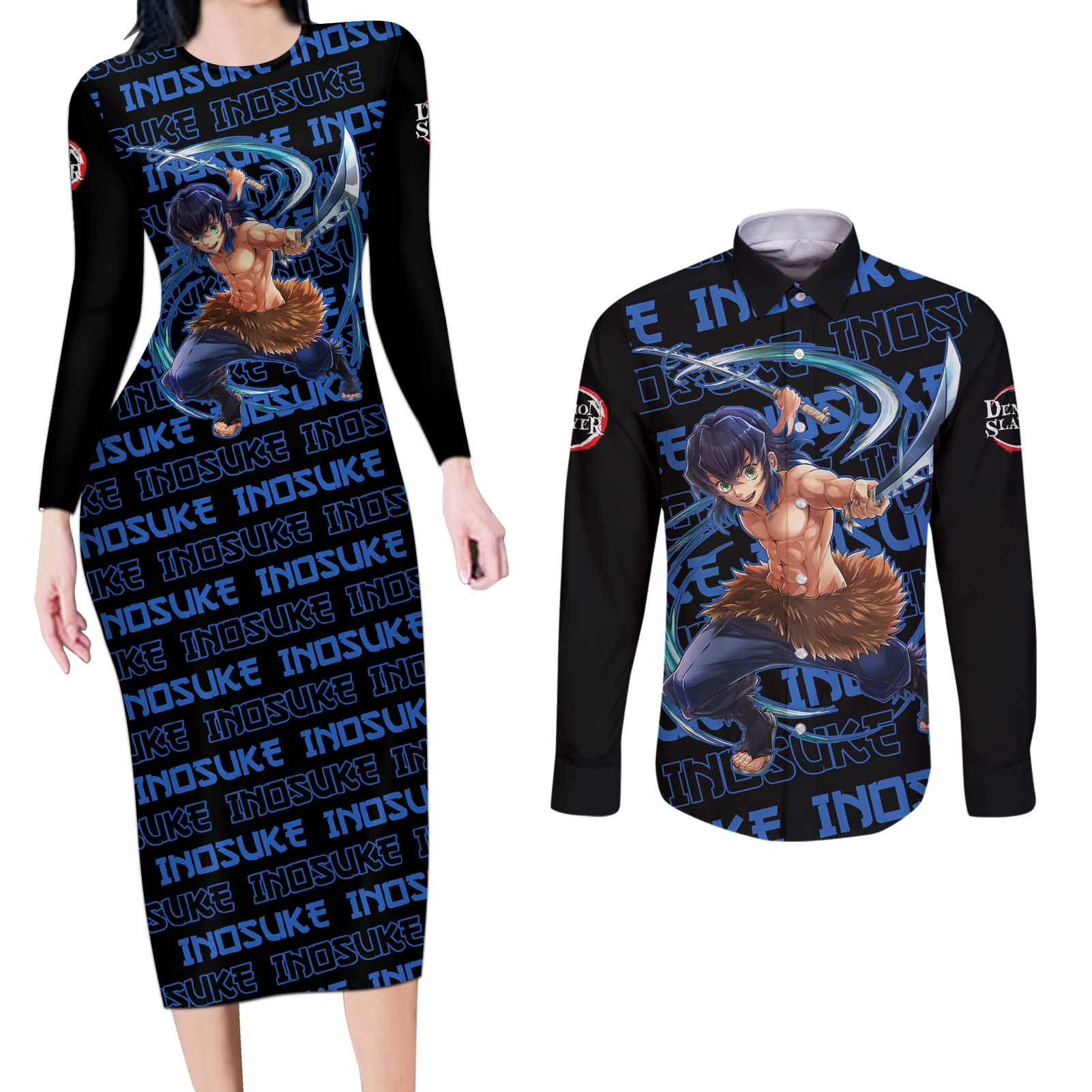 Inosuke Hashibira - Demon Slayer Couples Matching Long Sleeve Bodycon Dress and Long Sleeve Button Shirt Anime Japan Style