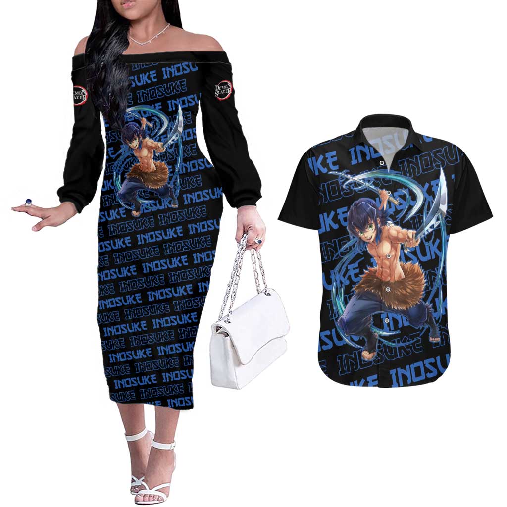 Inosuke Hashibira - Demon Slayer Couples Matching Off The Shoulder Long Sleeve Dress and Hawaiian Shirt Anime Japan Style