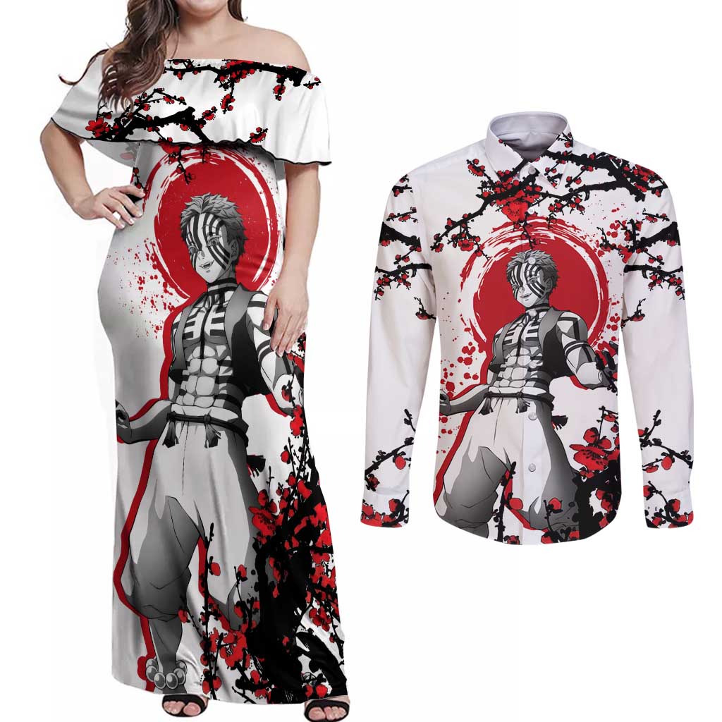 Akaza - Demon Slayer Couples Matching Off Shoulder Maxi Dress and Long Sleeve Button Shirt Anime Japan Style