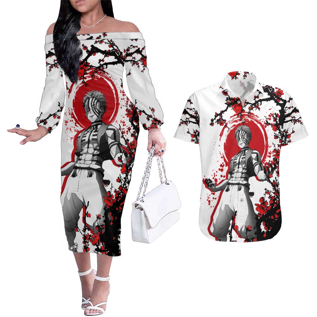 Akaza - Demon Slayer Couples Matching Off The Shoulder Long Sleeve Dress and Hawaiian Shirt Anime Japan Style