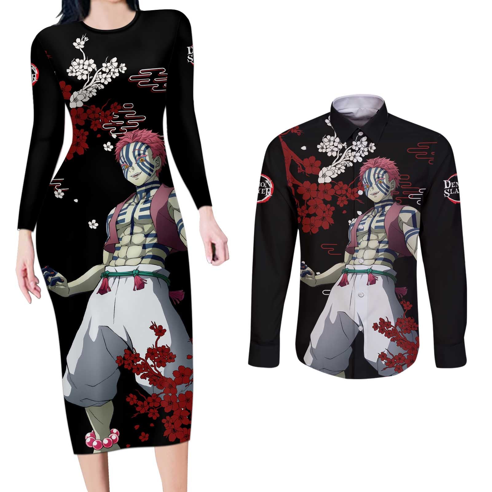 Akaza - Demon Slayer Couples Matching Long Sleeve Bodycon Dress and Long Sleeve Button Shirt Anime Japan Style