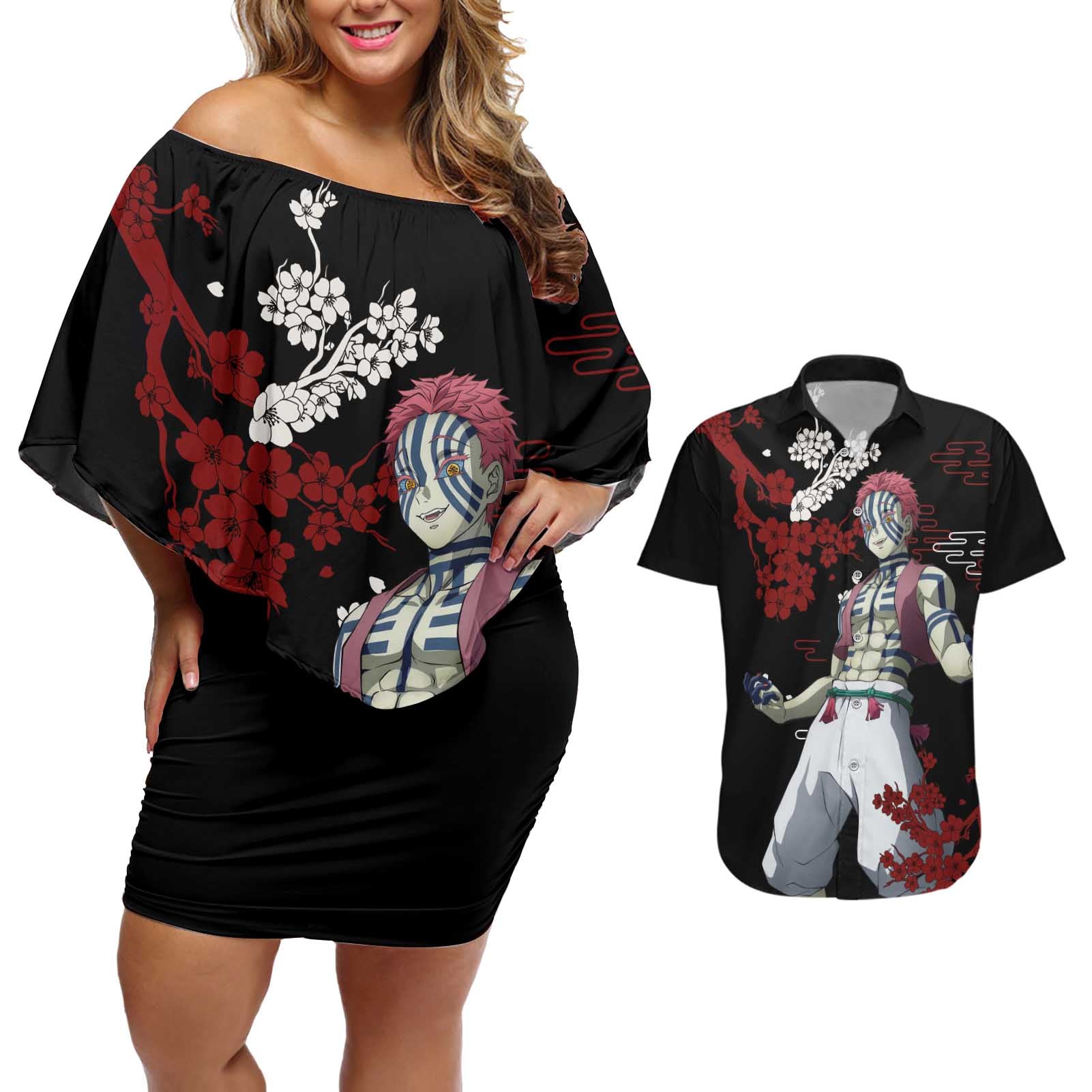 Akaza - Demon Slayer Couples Matching Off Shoulder Short Dress and Hawaiian Shirt Anime Japan Style