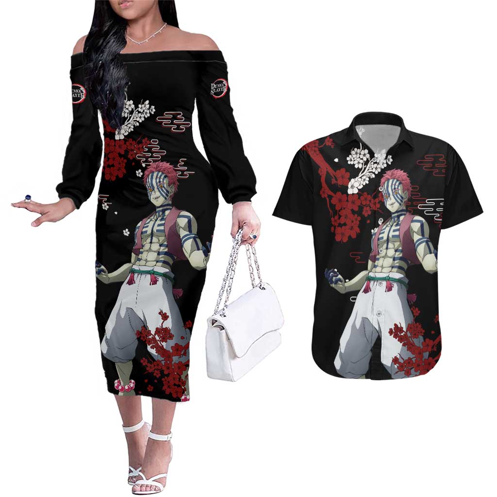 Akaza - Demon Slayer Couples Matching Off The Shoulder Long Sleeve Dress and Hawaiian Shirt Anime Japan Style