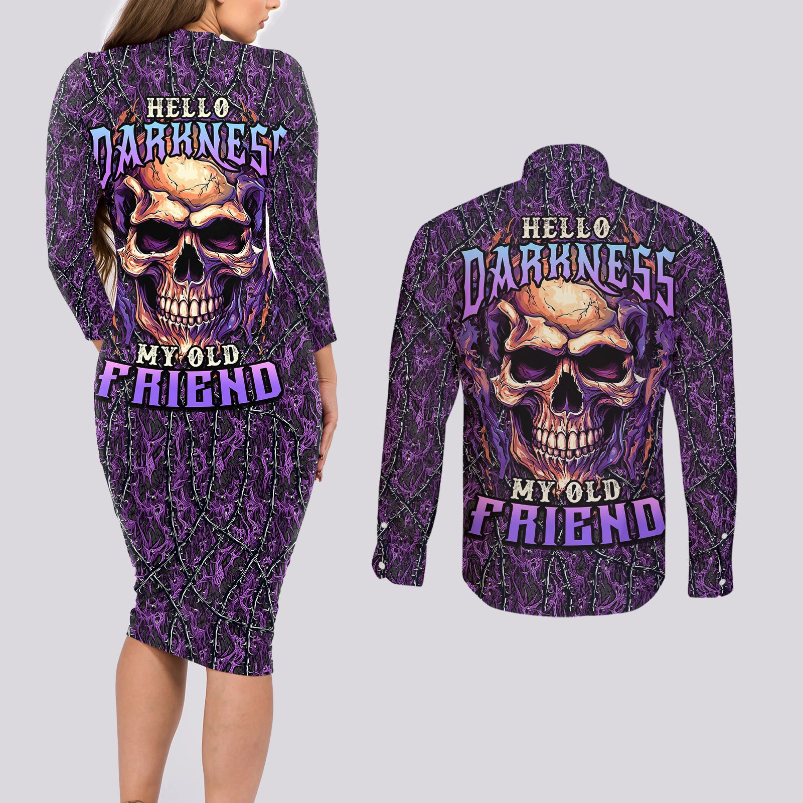 skull-couples-matching-long-sleeve-bodycon-dress-and-long-sleeve-button-shirts-hello-darkness-my-old-friend-horror-seamless-pattern-purple