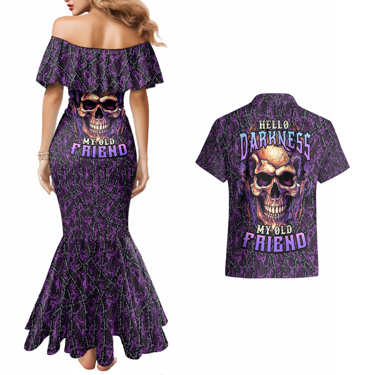 skull-couples-matching-mermaid-dress-and-hawaiian-shirt-hello-darkness-my-old-friend-horror-seamless-pattern-purple