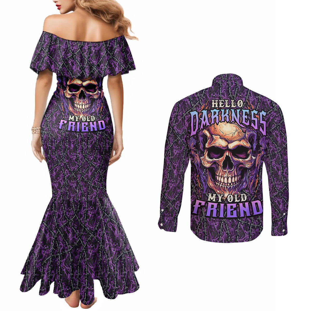 skull-couples-matching-mermaid-dress-and-long-sleeve-button-shirts-hello-darkness-my-old-friend-horror-seamless-pattern-purple