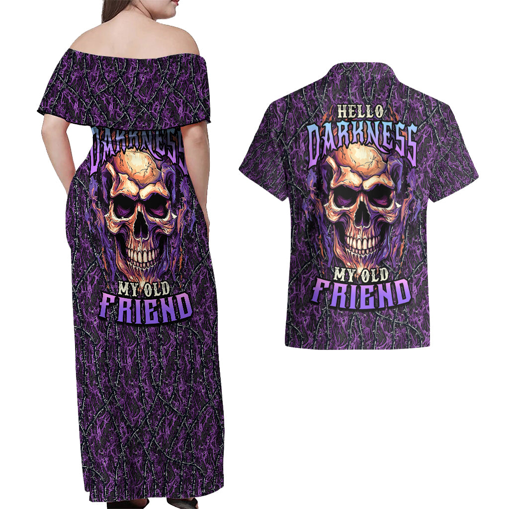 skull-couples-matching-off-shoulder-maxi-dress-and-hawaiian-shirt-hello-darkness-my-old-friend-horror-seamless-pattern-purple