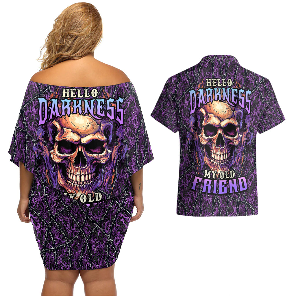 skull-couples-matching-off-shoulder-short-dress-and-hawaiian-shirt-hello-darkness-my-old-friend-horror-seamless-pattern-purple